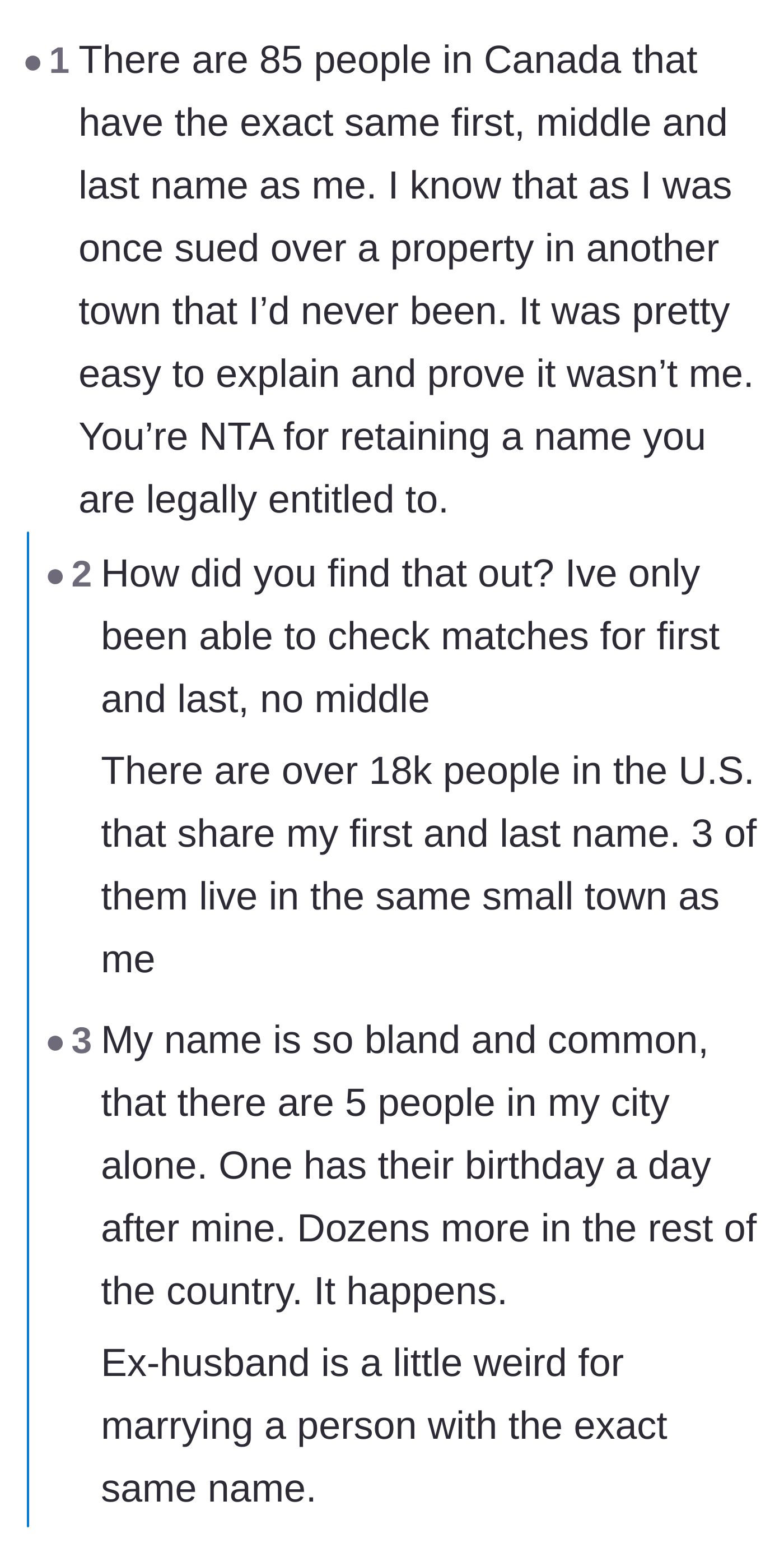 Comment thread 4 - Debating how common it is to share a full name with strangers versus sharing it with an ex-husband's new spouse