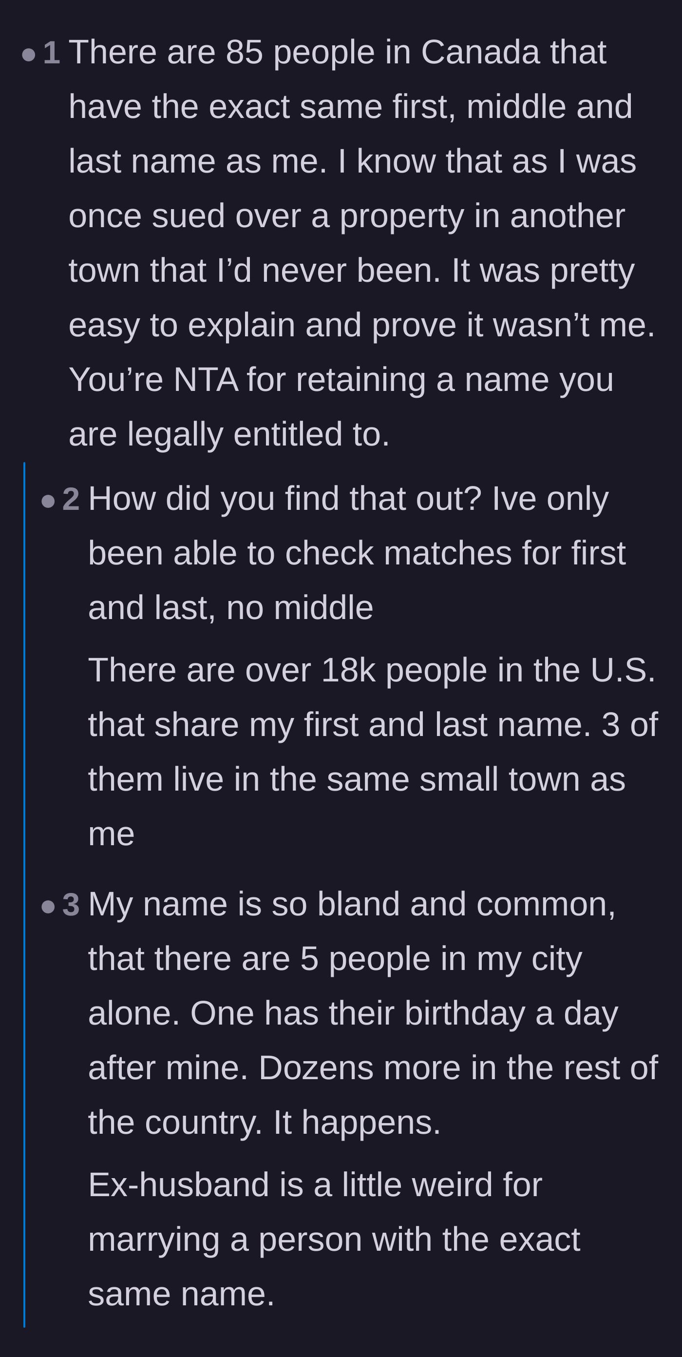 Comment thread 4 - Debating how common it is to share a full name with strangers versus sharing it with an ex-husband's new spouse