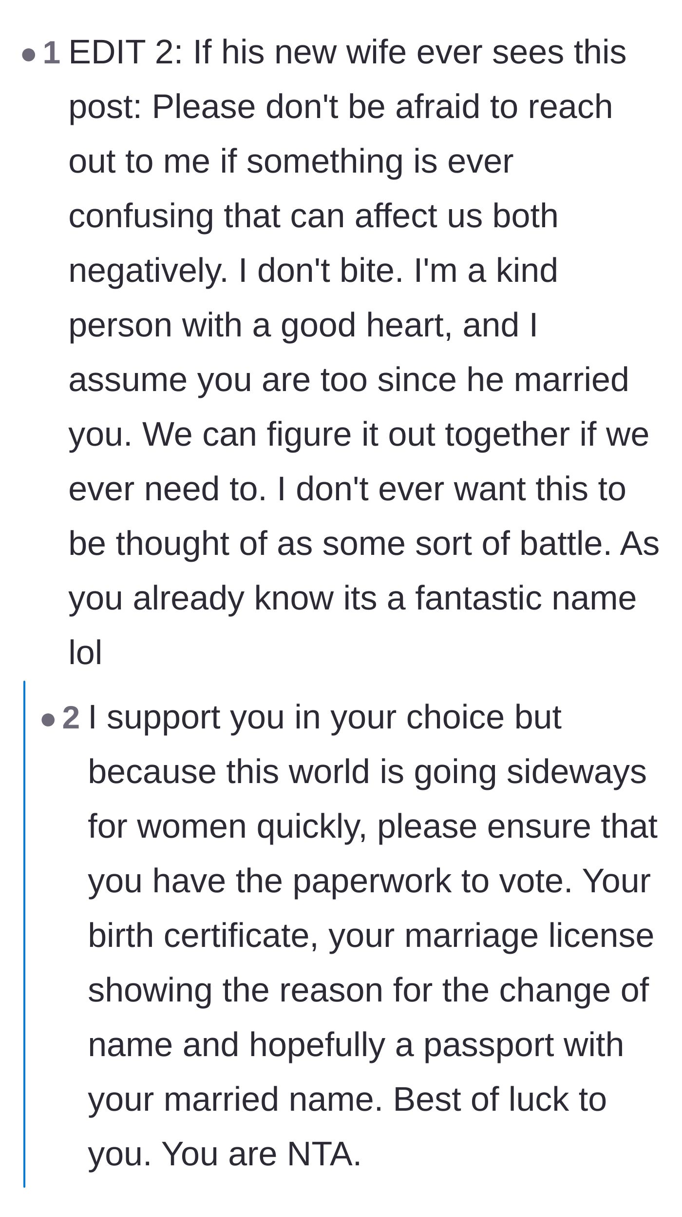Comment thread 5 - The original poster extending a kind olive branch to the new wife so they can navigate the confusion together