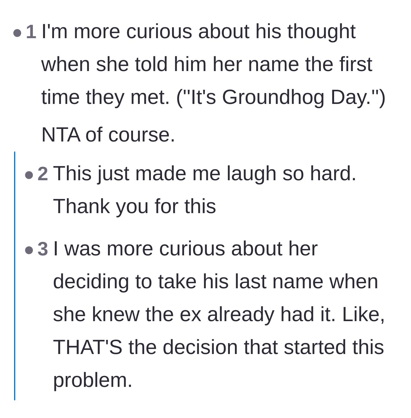 Comment thread 6 - Questioning the ex-husband and new wife's decision-making when they realized they shared the exact same name