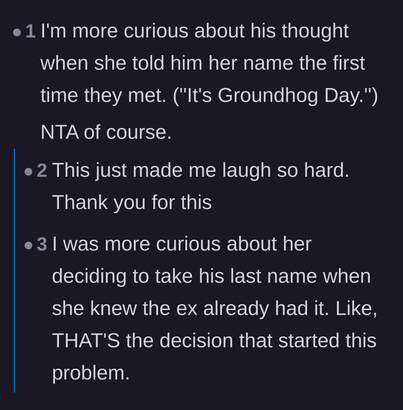 Comment thread 6 - Questioning the ex-husband and new wife's decision-making when they realized they shared the exact same name