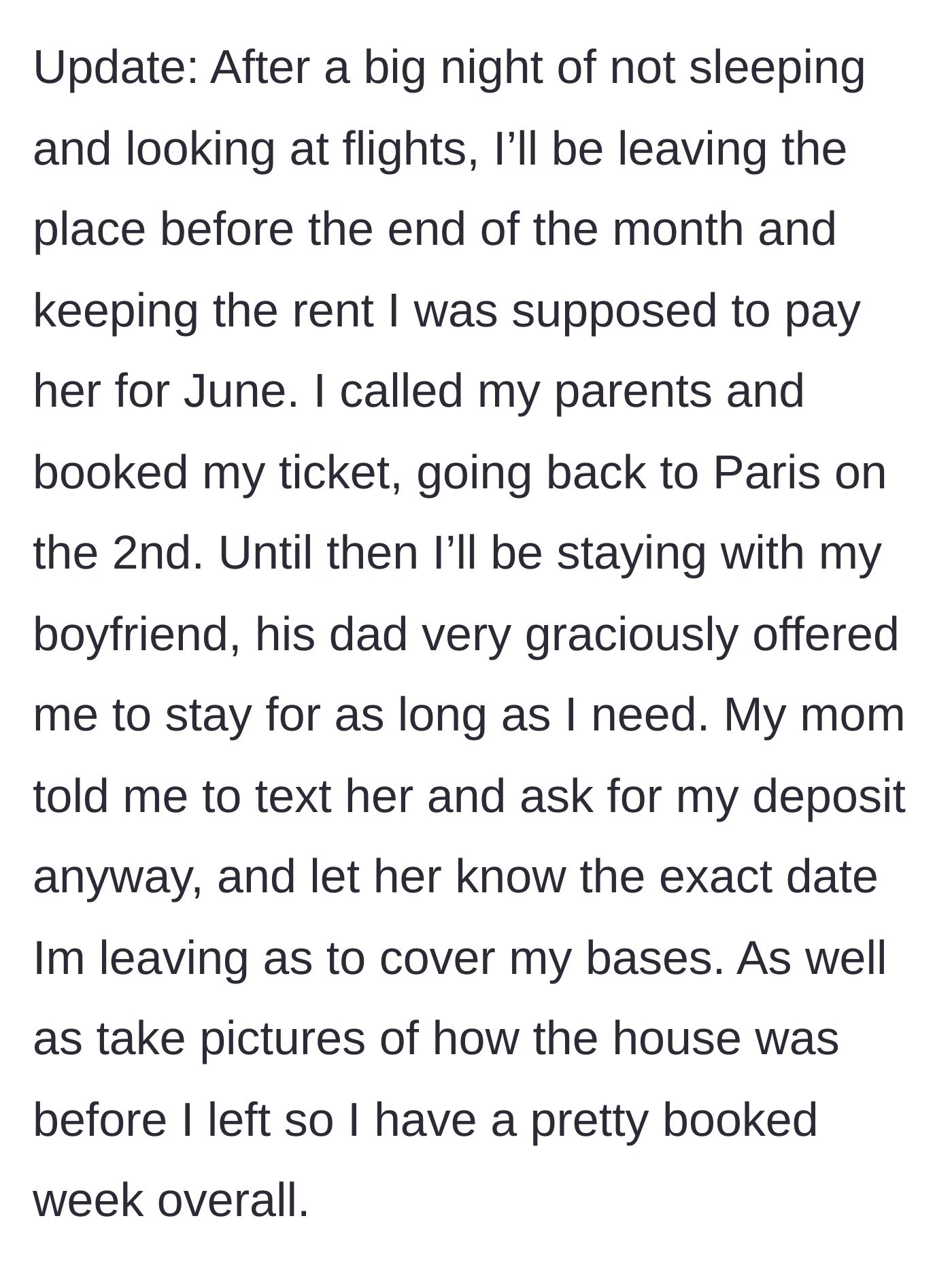 Story part 6 - OP books a flight back to Paris, decides to withhold June's rent, and safely stays with her boyfriend's welcoming family.