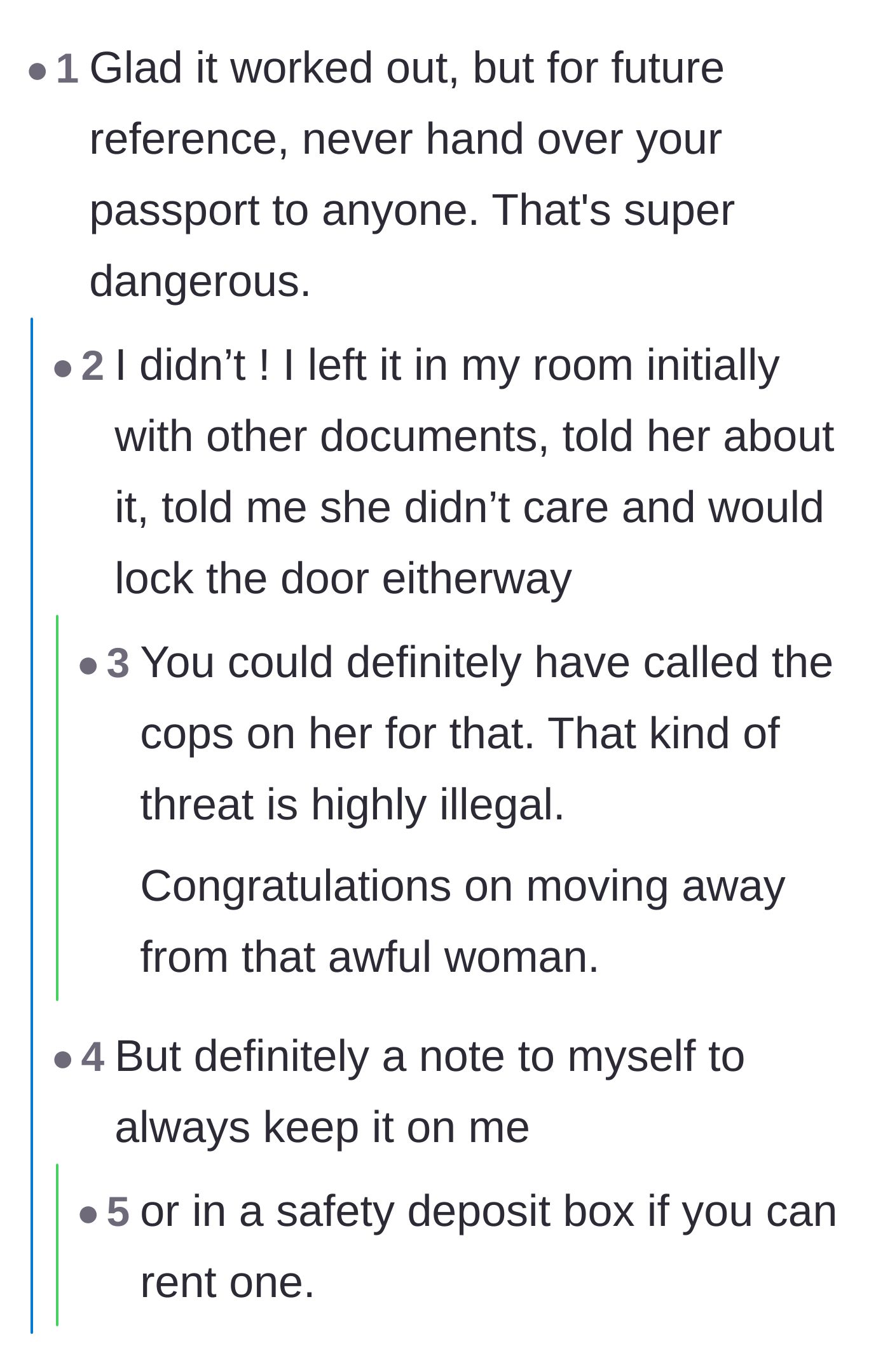 Comment thread 1 - Readers discussing the illegality of the passport threat and advising OP to report the landlord to her university and the actual property owner.