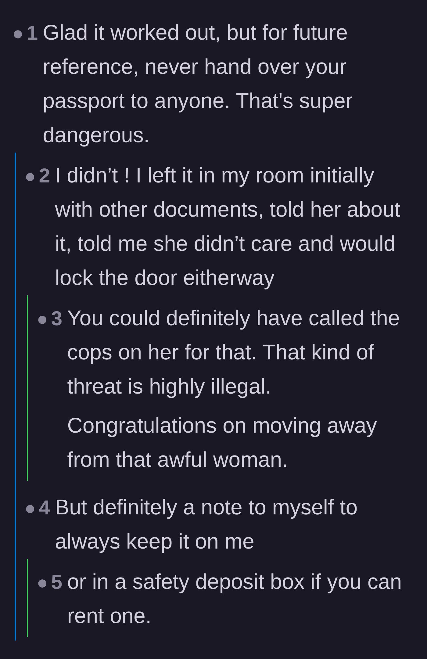 Comment thread 1 - Readers discussing the illegality of the passport threat and advising OP to report the landlord to her university and the actual property owner.
