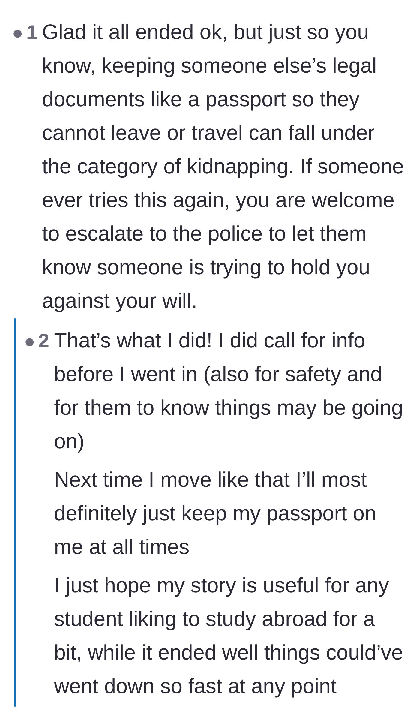 Comment thread 4 - A reader warning that withholding a passport legally counts as kidnapping, with OP confirming she contacted authorities.