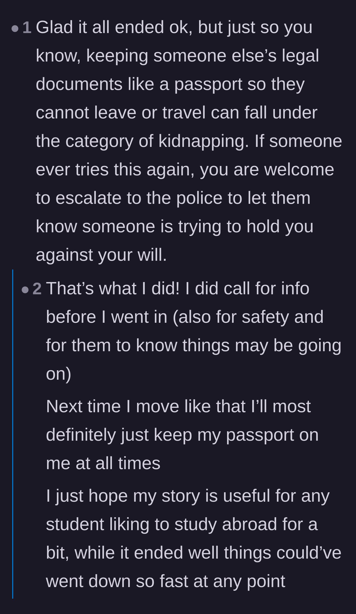 Comment thread 4 - A reader warning that withholding a passport legally counts as kidnapping, with OP confirming she contacted authorities.
