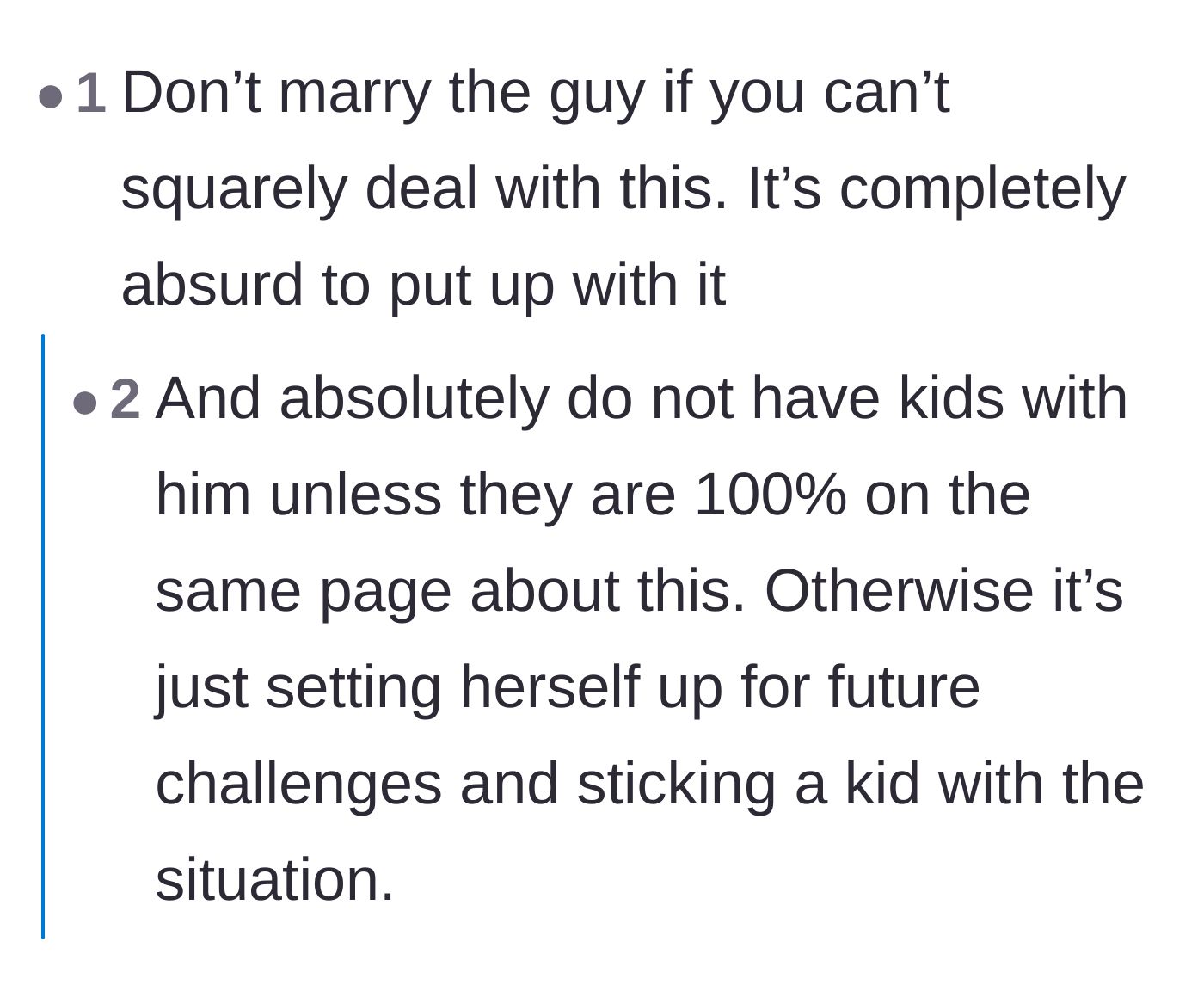 Comment thread 4 - Blunt advice warning the bride to pause the marriage and pregnancy until this secret is fully resolved.