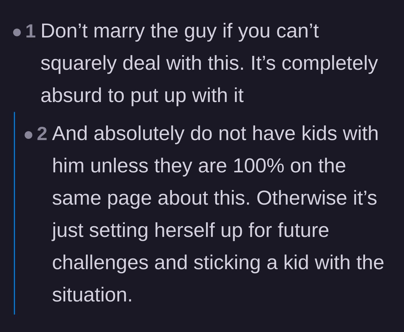 Comment thread 4 - Blunt advice warning the bride to pause the marriage and pregnancy until this secret is fully resolved.