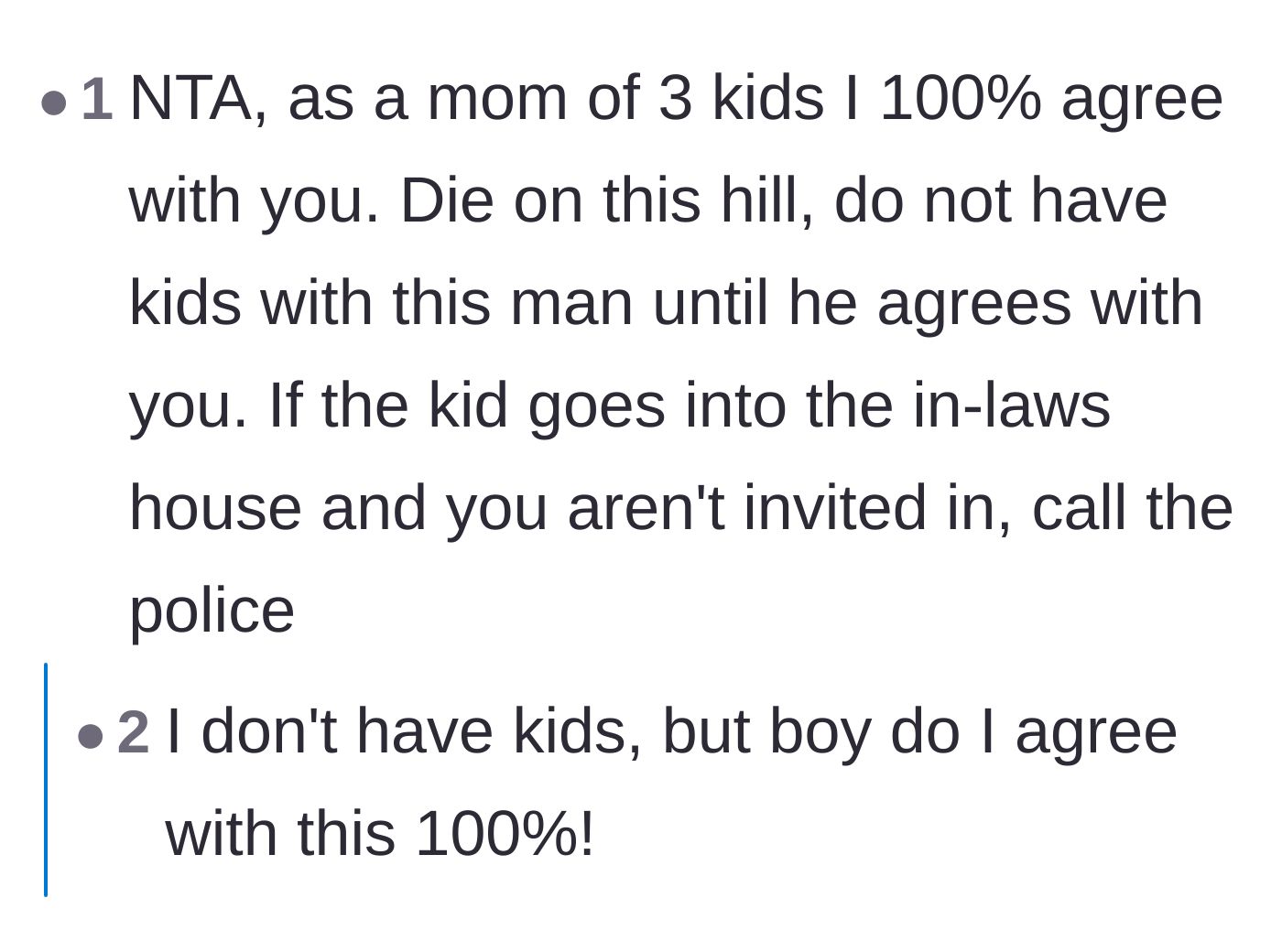 Comment thread 6 - Fiercely protective advice from a mother urging the author to absolutely refuse to compromise on her child's safety.