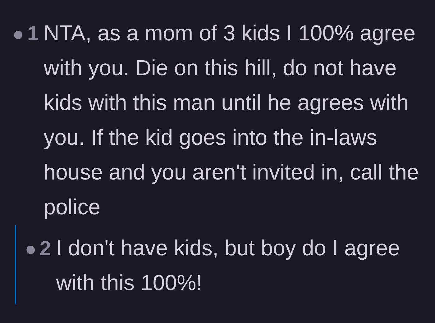 Comment thread 6 - Fiercely protective advice from a mother urging the author to absolutely refuse to compromise on her child's safety.