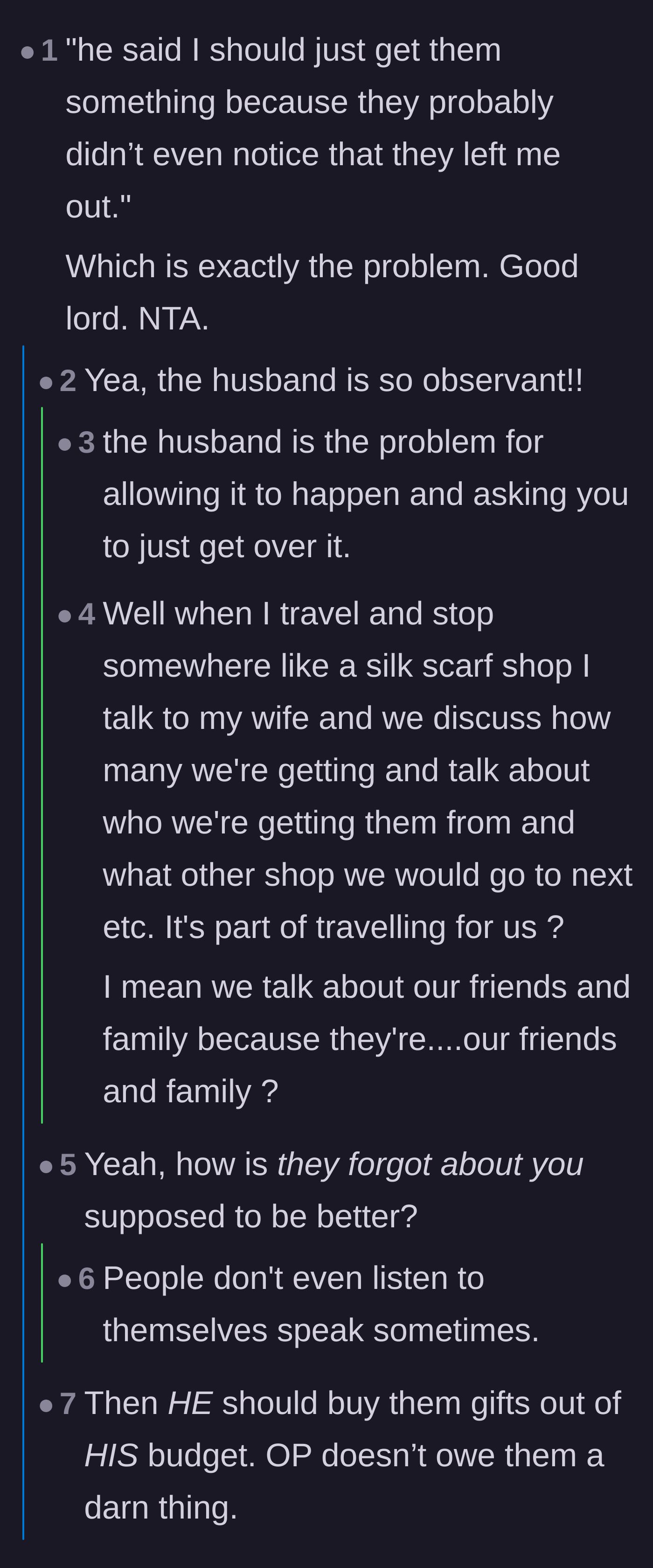 Comment thread 1 - Readers dissect the husband's excuse that his family simply forgot his wife, arguing that forgetting a host is a glaring insult.