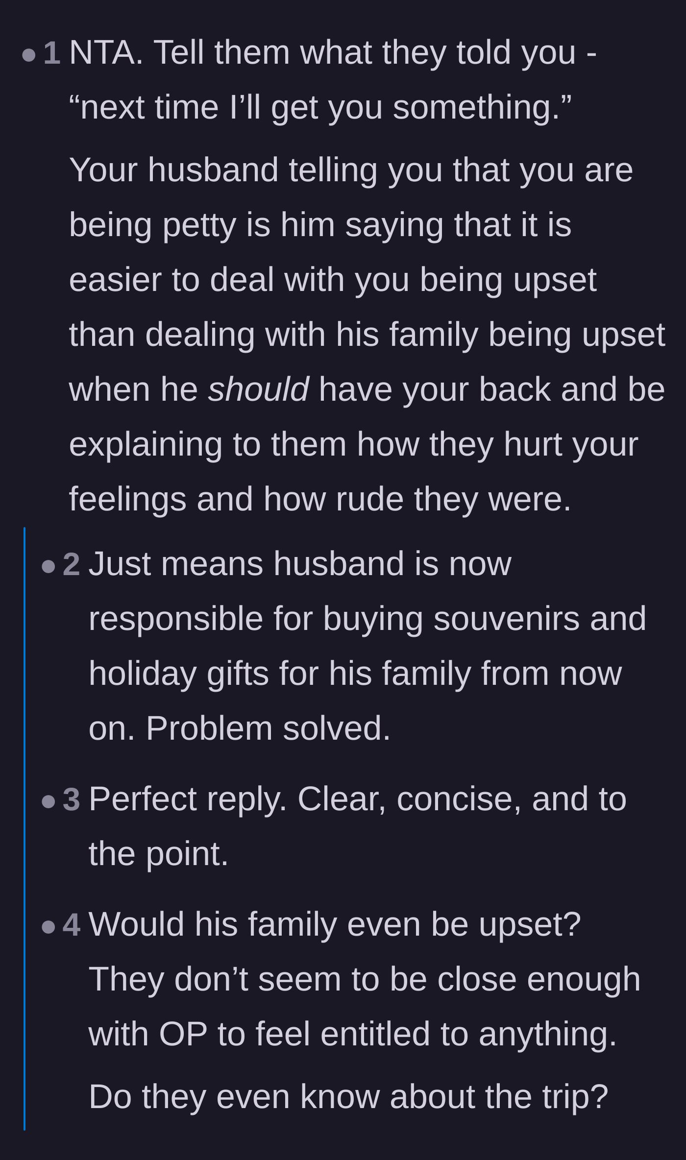 Comment thread 2 - A user suggests throwing the mother-in-law's exact words back at her and calls out the husband's desire to avoid conflict.