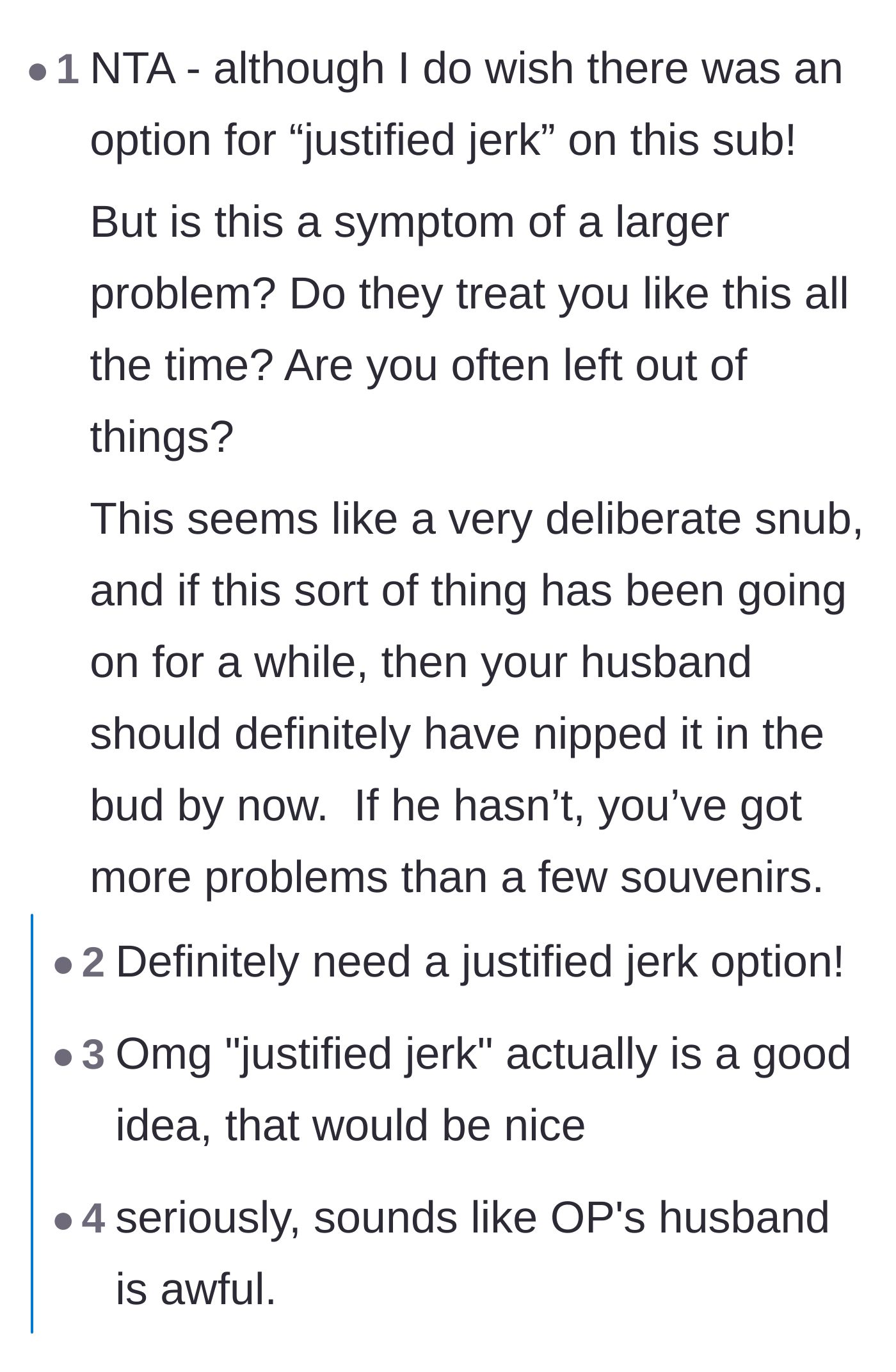 Comment thread 5 - A discussion demanding a 'justified jerk' voting option and questioning the husband's long-term complicity in this behavior.