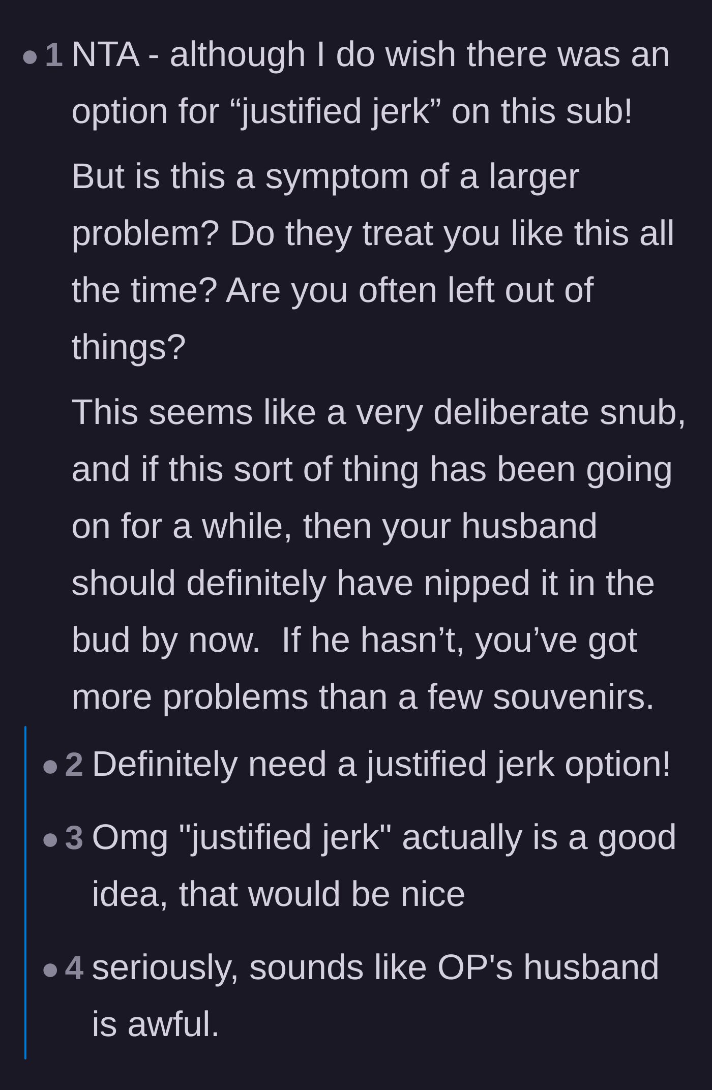 Comment thread 5 - A discussion demanding a 'justified jerk' voting option and questioning the husband's long-term complicity in this behavior.