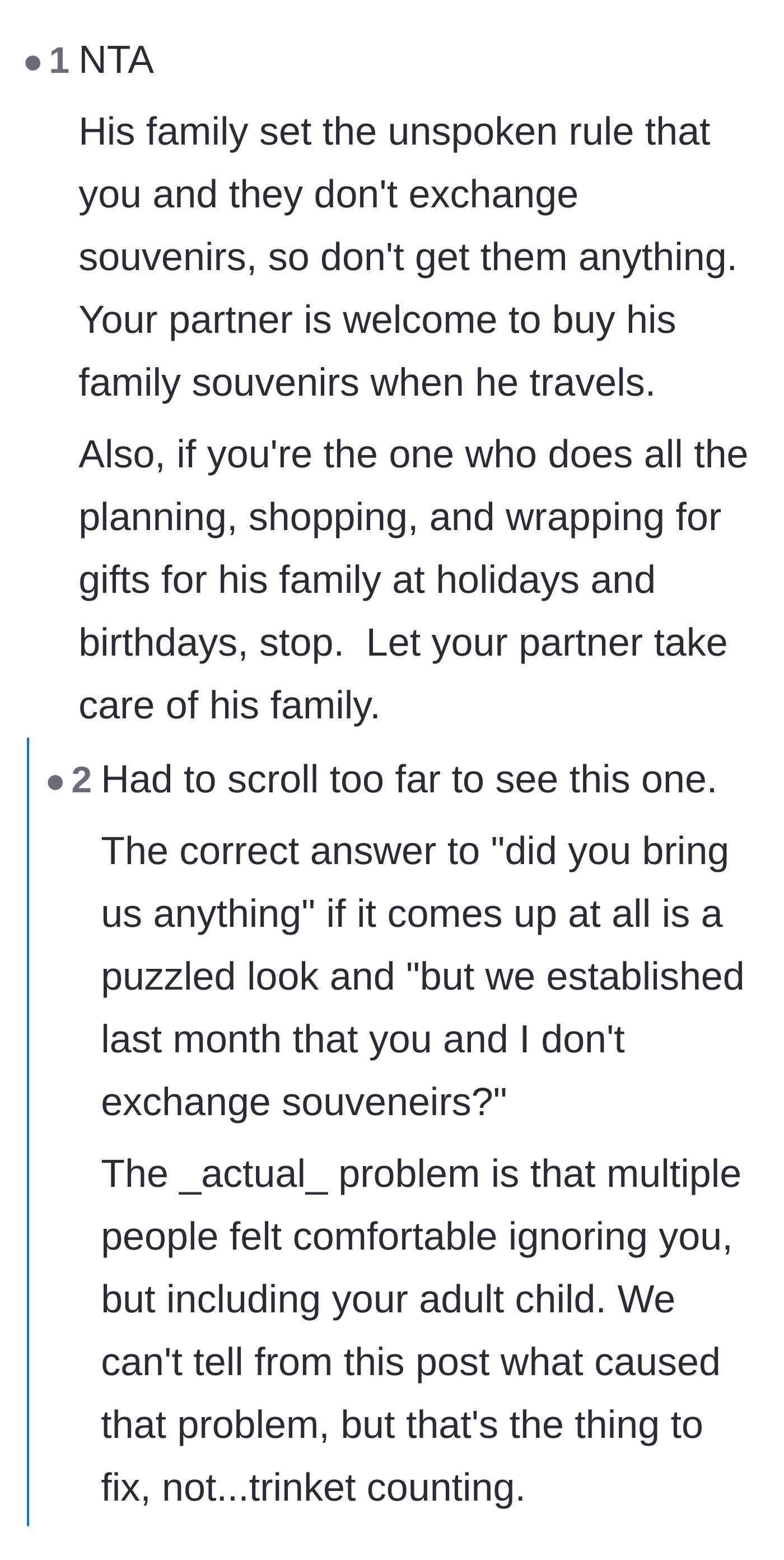 Comment thread 6 - Advice suggesting the in-laws established a new 'no gifts' rule and urging the wife to stop managing their holidays entirely.