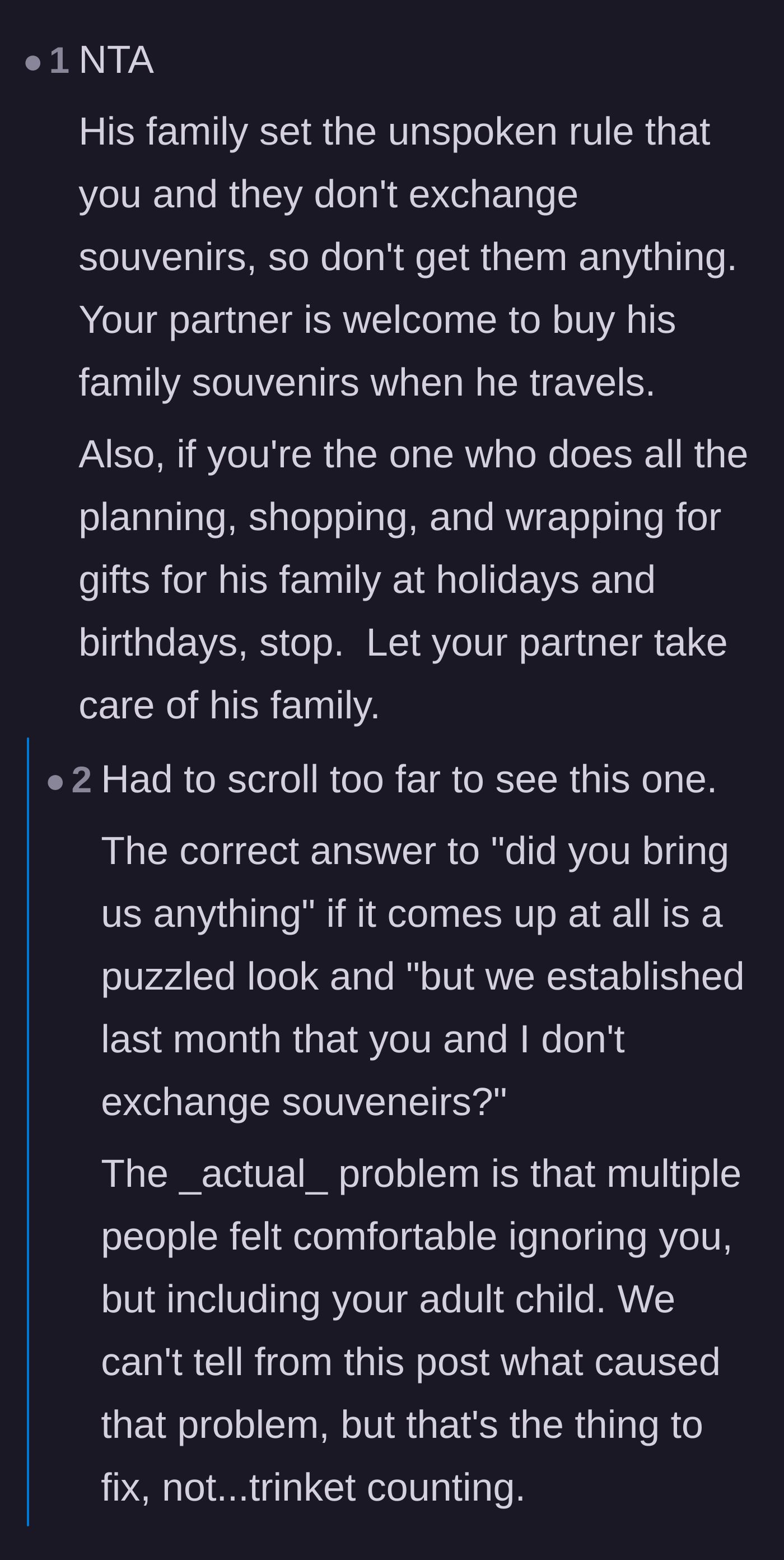 Comment thread 6 - Advice suggesting the in-laws established a new 'no gifts' rule and urging the wife to stop managing their holidays entirely.