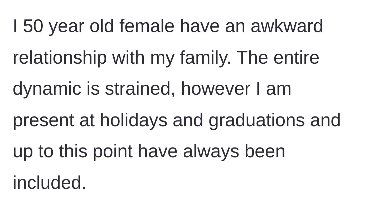 Story part 1 - A 50-year-old woman explains her strained but consistent attendance at family gatherings over the years.