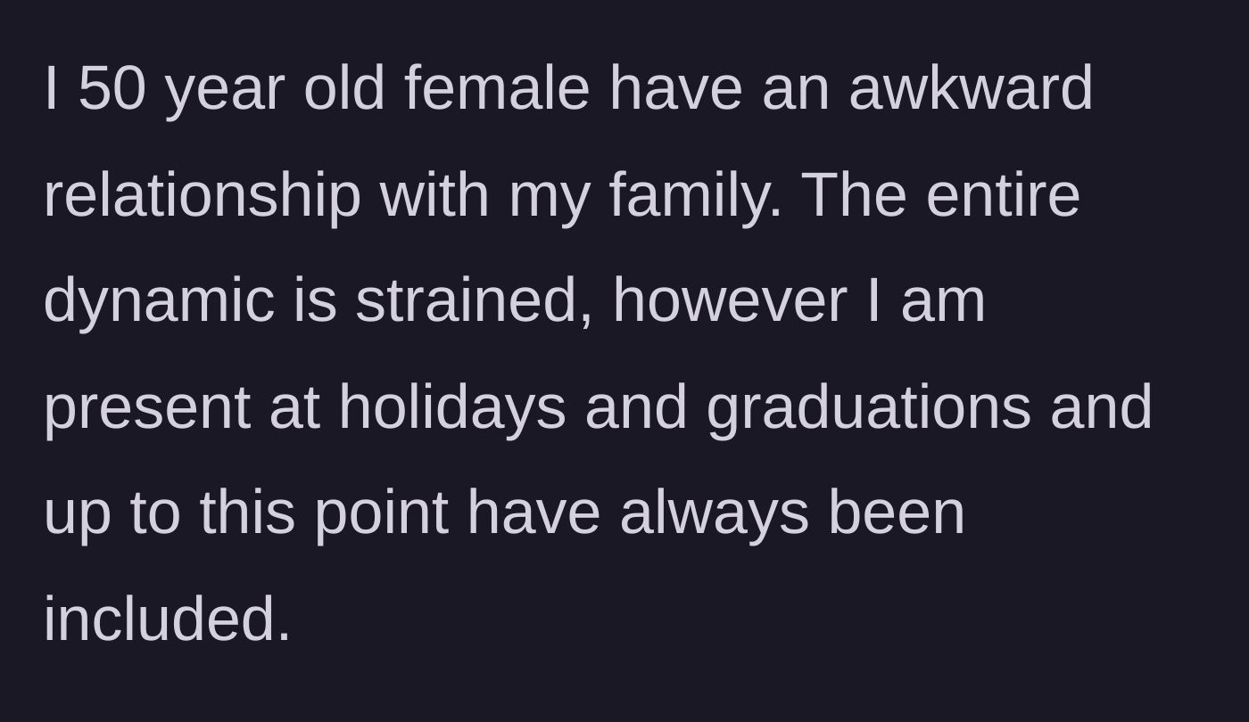 Story part 1 - A 50-year-old woman explains her strained but consistent attendance at family gatherings over the years.