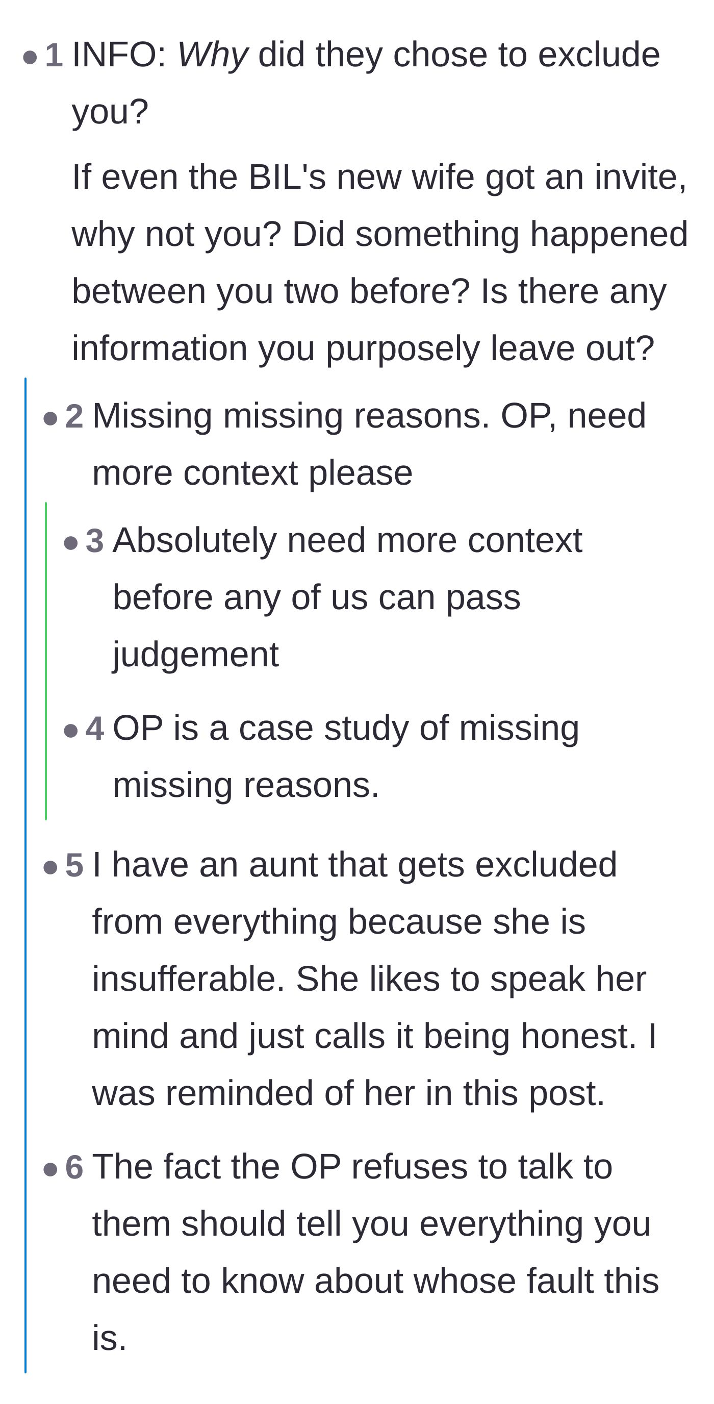 Comment thread 1 - Readers debating if the aunt is hiding missing reasons for being excluded or if she is simply the family scapegoat