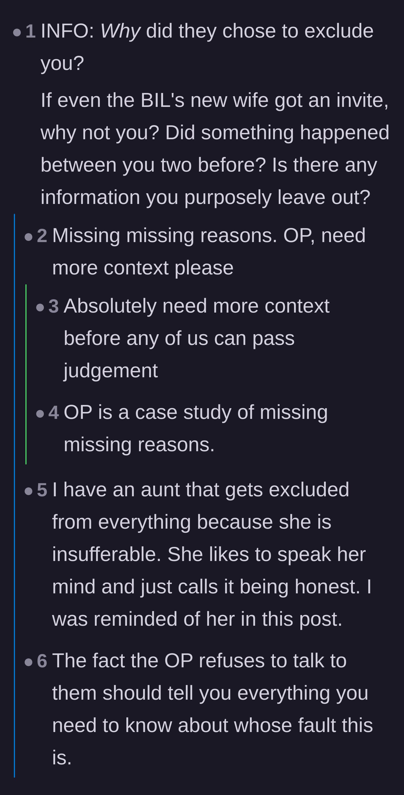 Comment thread 1 - Readers debating if the aunt is hiding missing reasons for being excluded or if she is simply the family scapegoat