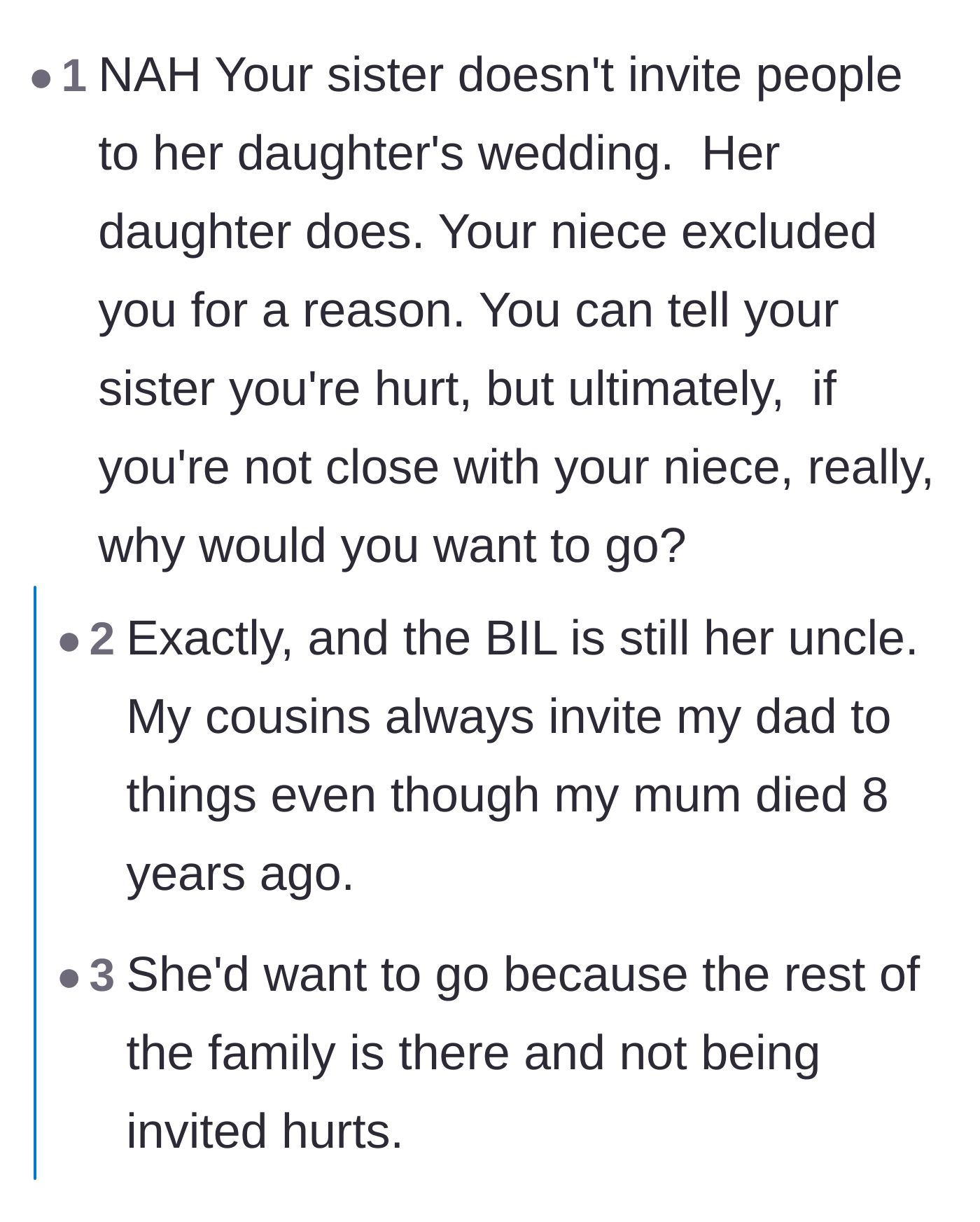 Comment thread 2 - A discussion defending the niece's right to invite her uncle and his new wife to the wedding over her estranged aunt