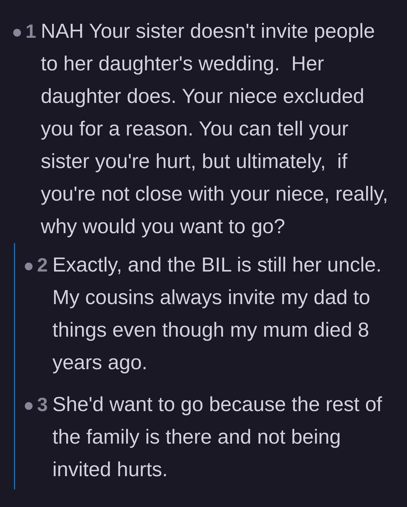 Comment thread 2 - A discussion defending the niece's right to invite her uncle and his new wife to the wedding over her estranged aunt