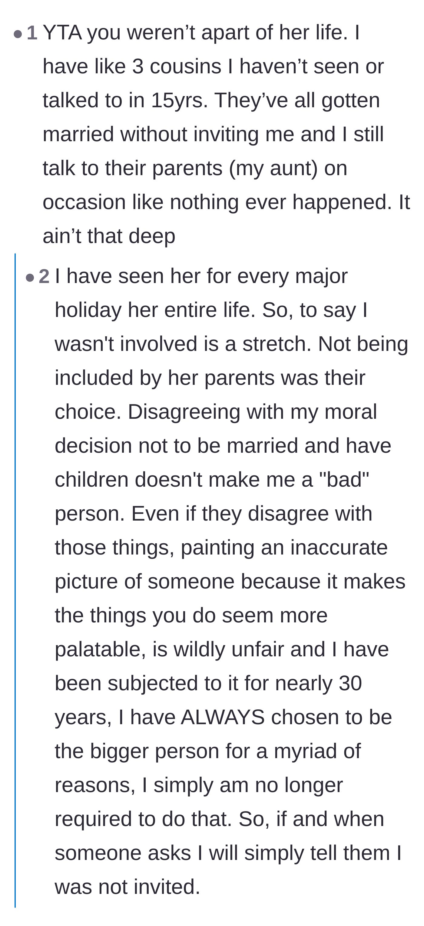 Comment thread 3 - The aunt dropping a massive bombshell in the replies about being judged by the family for being an unwed mother