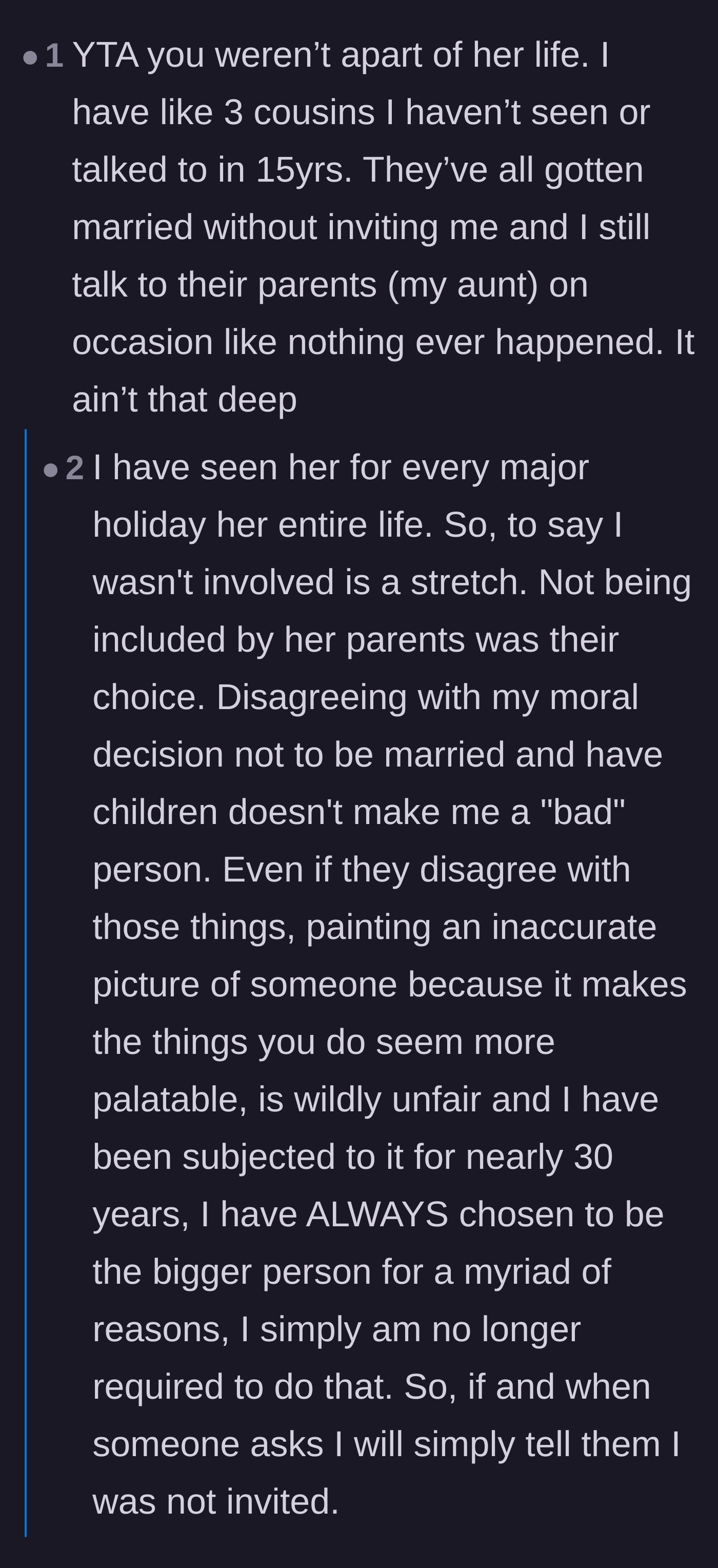 Comment thread 3 - The aunt dropping a massive bombshell in the replies about being judged by the family for being an unwed mother