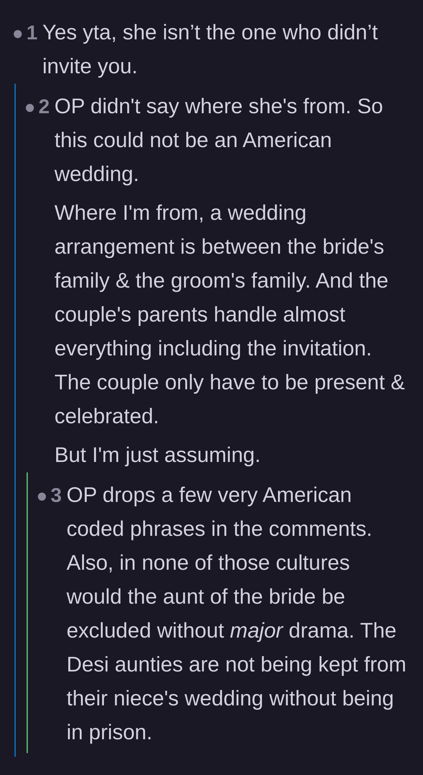 Comment thread 6 - A debate about whether the bride or the bride's parents are truly responsible for the guest list snubs