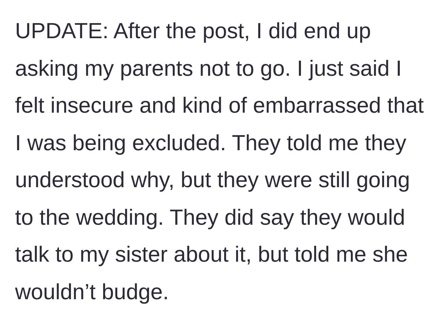 Story part 2 - The narrator asks her parents to boycott the wedding, but they refuse, though they try unsuccessfully to intervene.