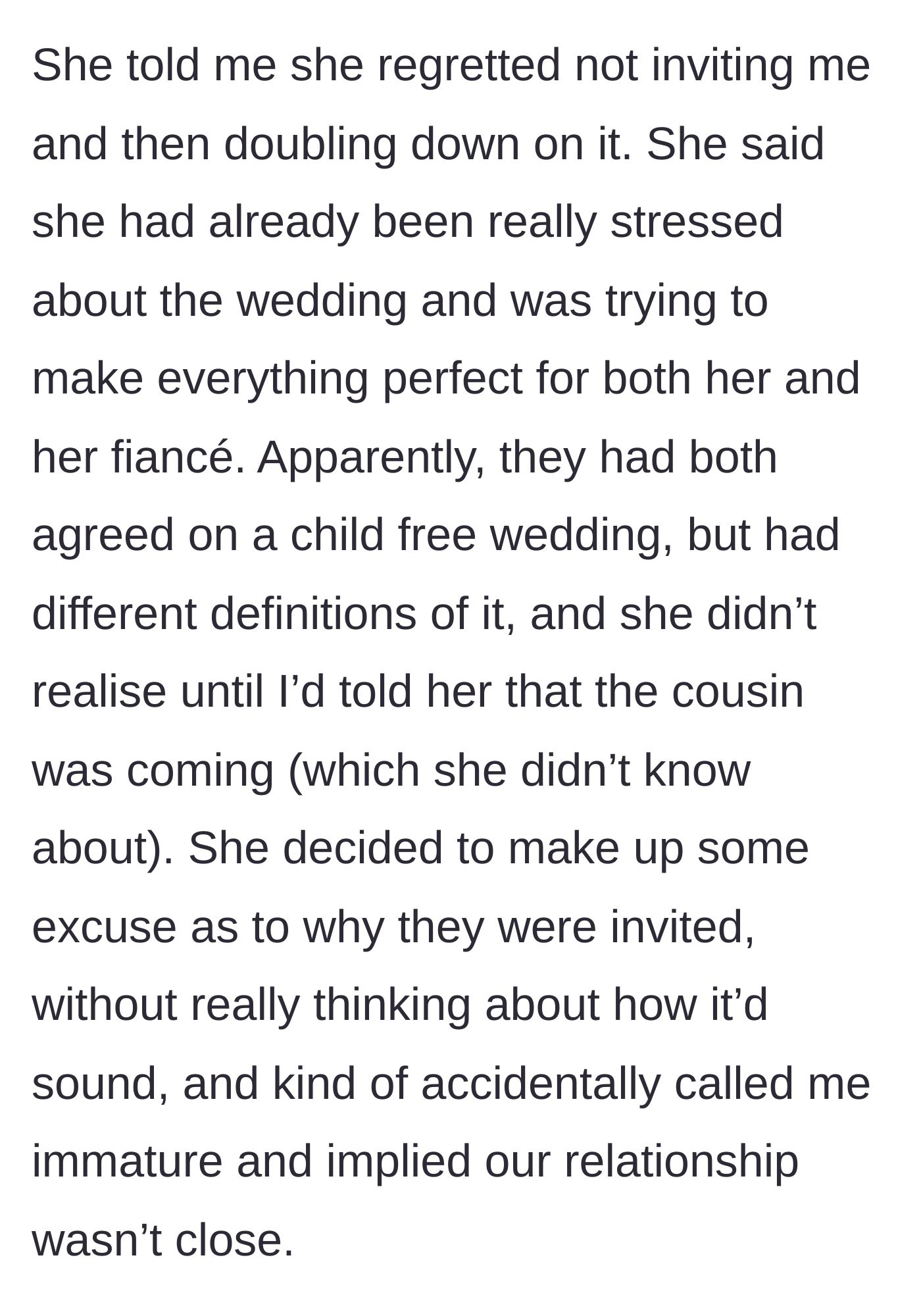 Story part 5 - The sister confesses her regrets, explaining a miscommunication about the child-free rule and her panicked, hurtful excuses.