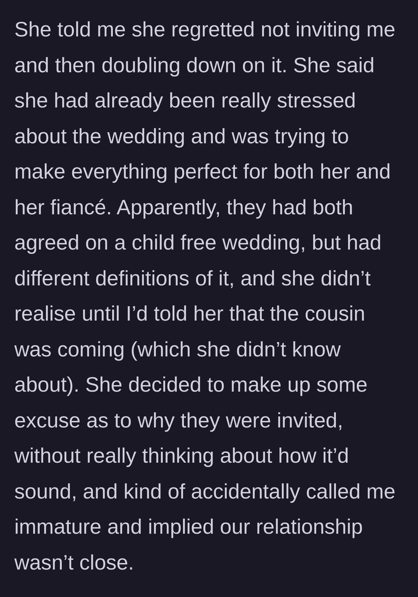 Story part 5 - The sister confesses her regrets, explaining a miscommunication about the child-free rule and her panicked, hurtful excuses.
