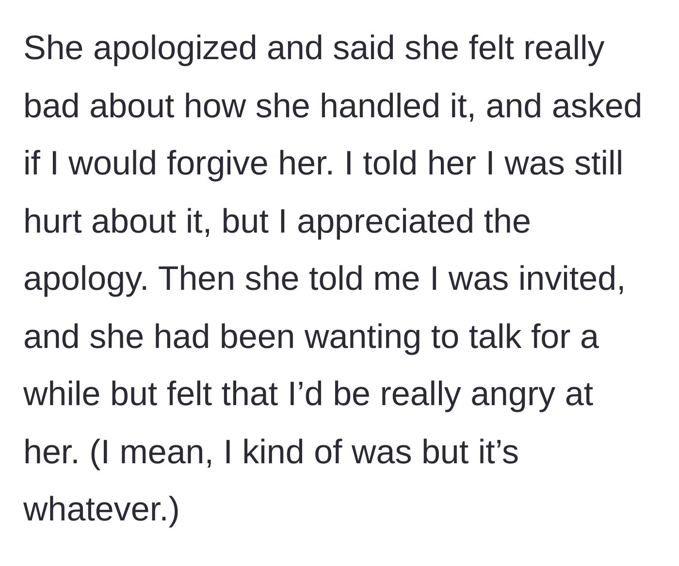 Story part 6 - The sister asks for forgiveness and officially invites the narrator, admitting she was too afraid to approach her sooner.