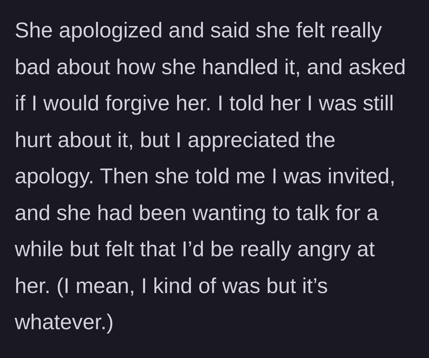 Story part 6 - The sister asks for forgiveness and officially invites the narrator, admitting she was too afraid to approach her sooner.