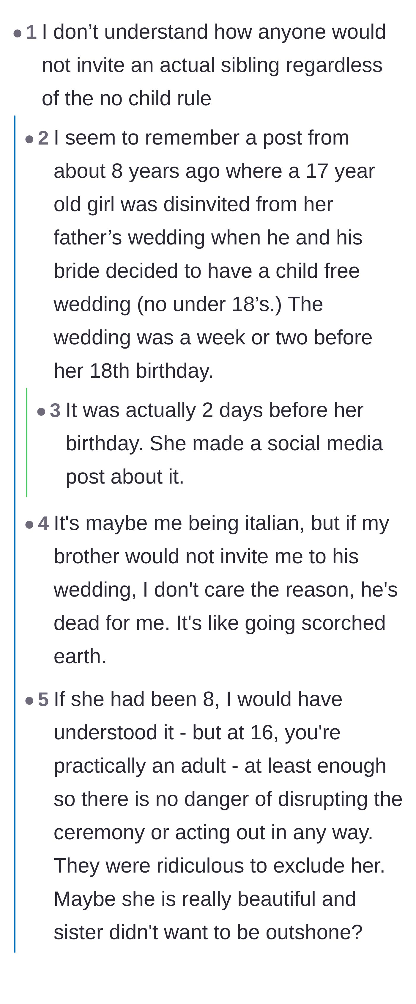 Comment thread 1 - Commenters swapping stories about the long-lasting damage of excluding immediate family from weddings.