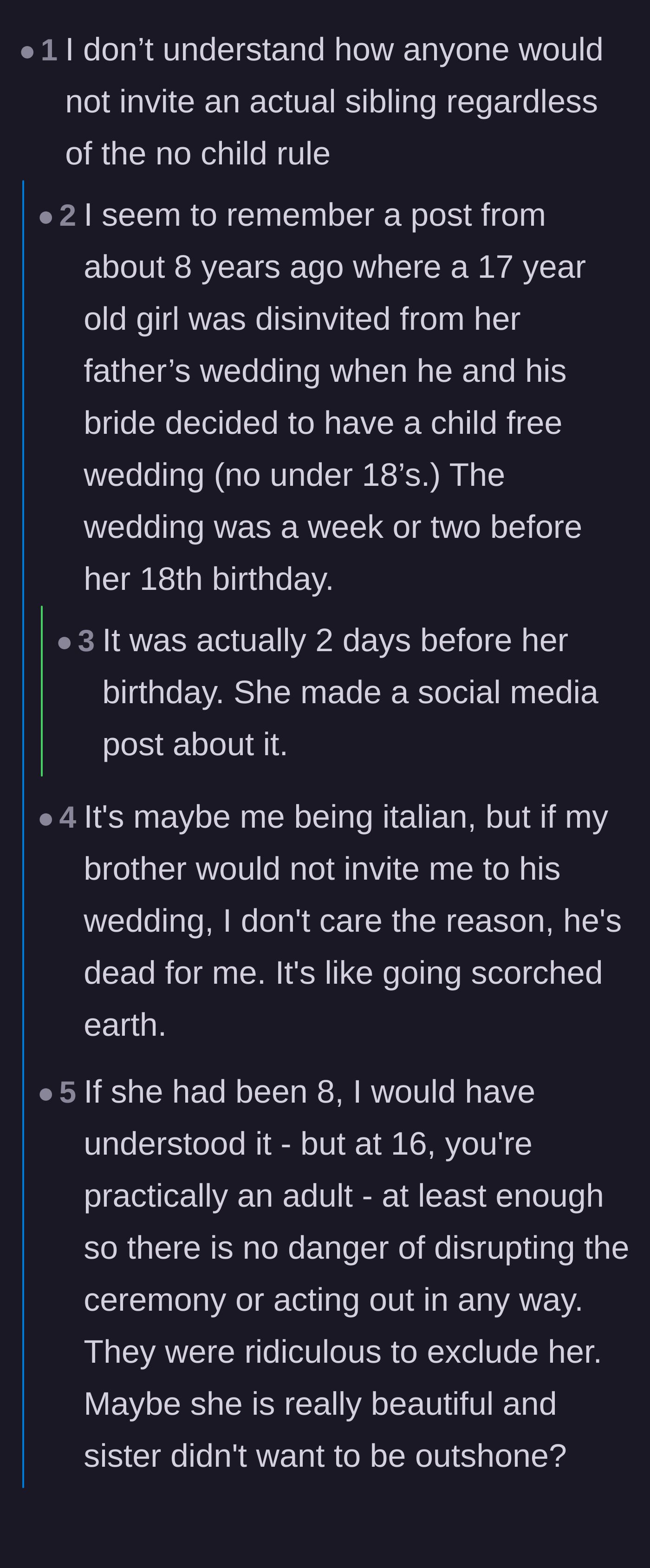 Comment thread 1 - Commenters swapping stories about the long-lasting damage of excluding immediate family from weddings.