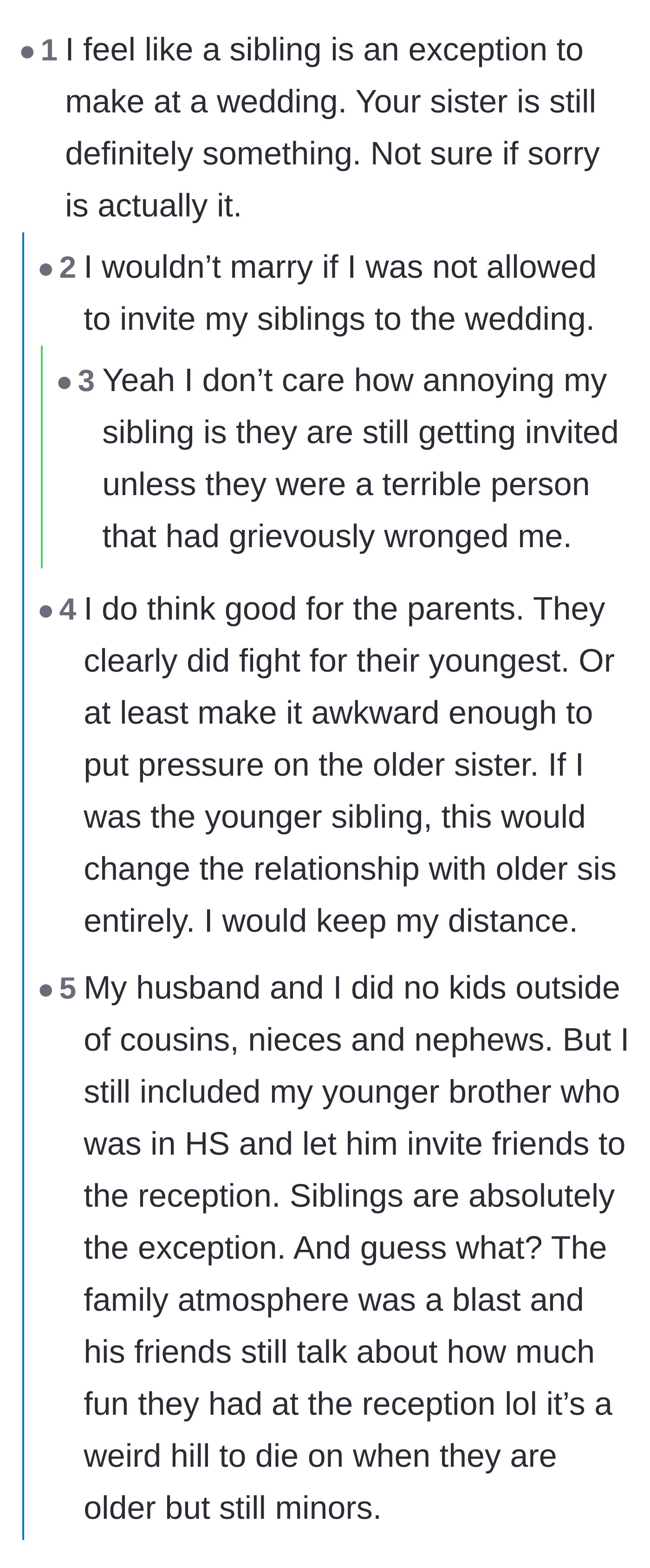 Comment thread 2 - A discussion about siblings being the ultimate exception to wedding rules and criticism of the parents' passive response.