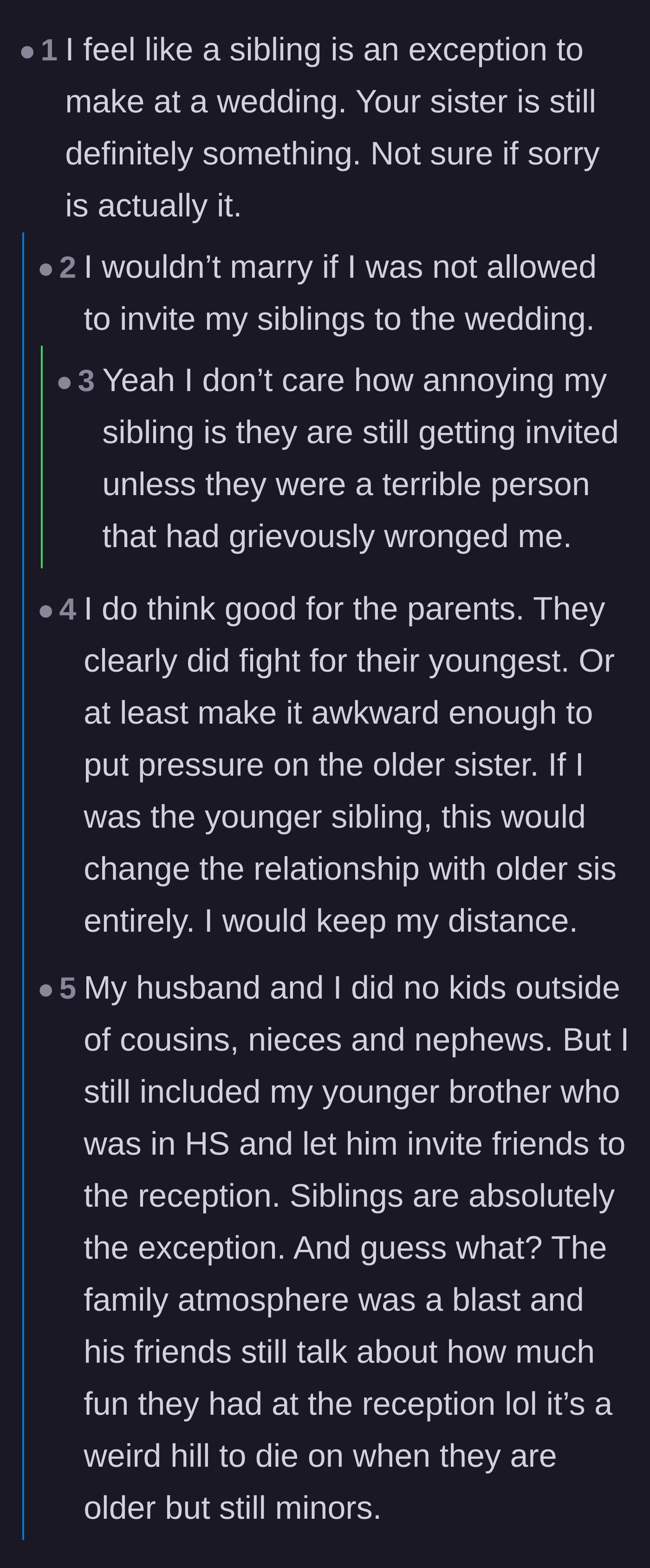 Comment thread 2 - A discussion about siblings being the ultimate exception to wedding rules and criticism of the parents' passive response.