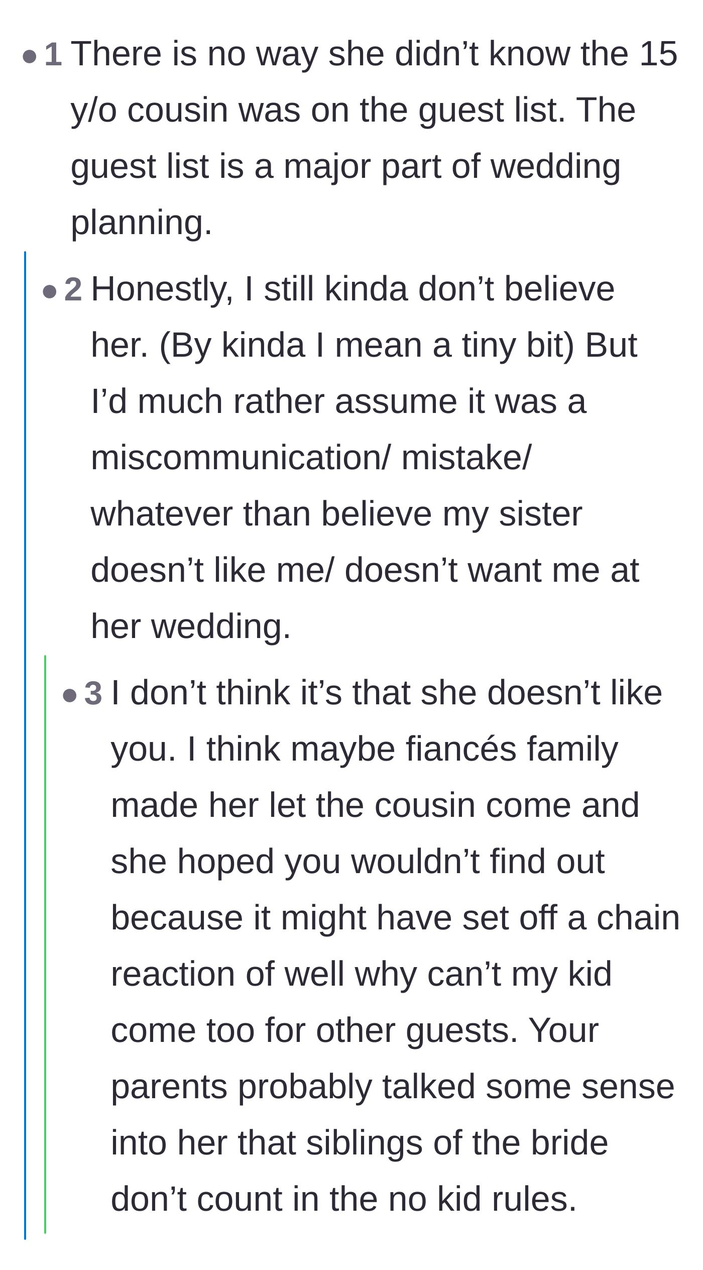 Comment thread 3 - Debate over the sister's excuse and the narrator's heartbreaking decision to accept a potential lie for the sake of peace.