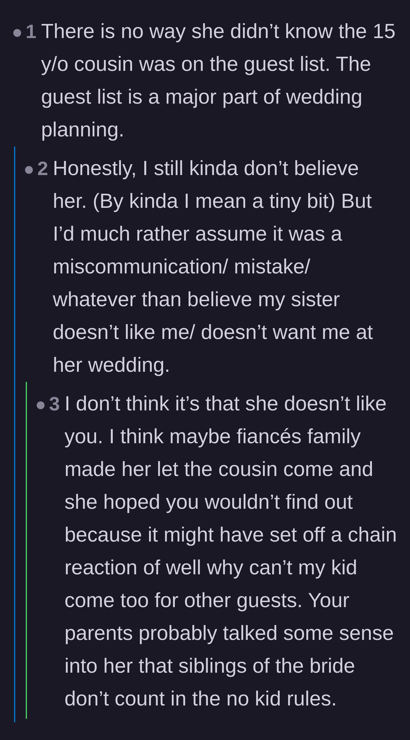 Comment thread 3 - Debate over the sister's excuse and the narrator's heartbreaking decision to accept a potential lie for the sake of peace.