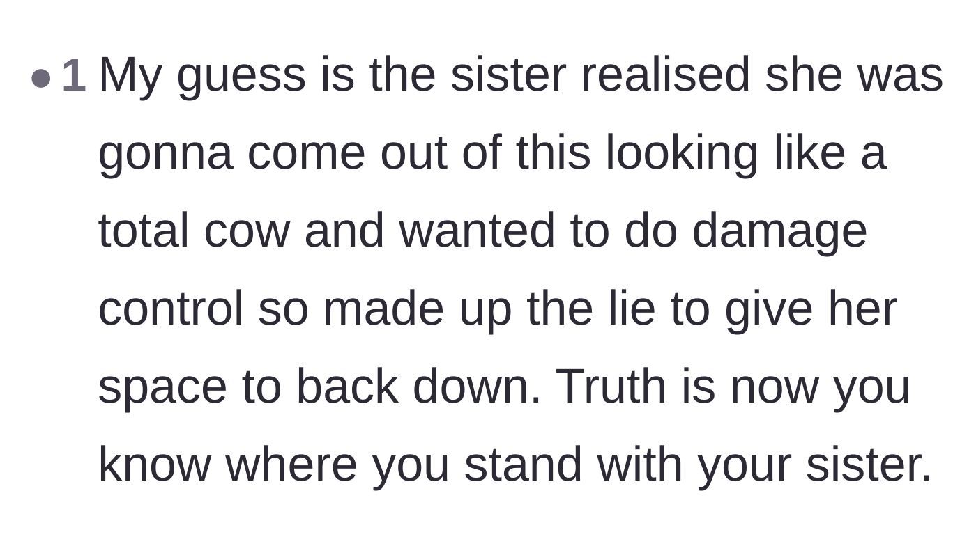 Comment thread 6 - A reader theorizing that the sister's apology was motivated by damage control rather than genuine remorse.