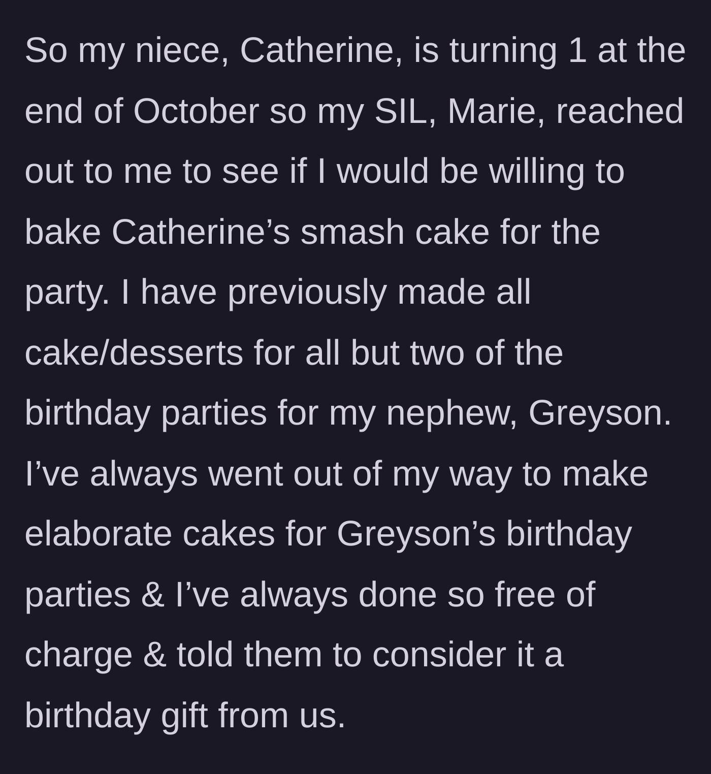 Story part 1 - Aunt describing how she bakes elaborate, free birthday cakes for her nephew as a gift.