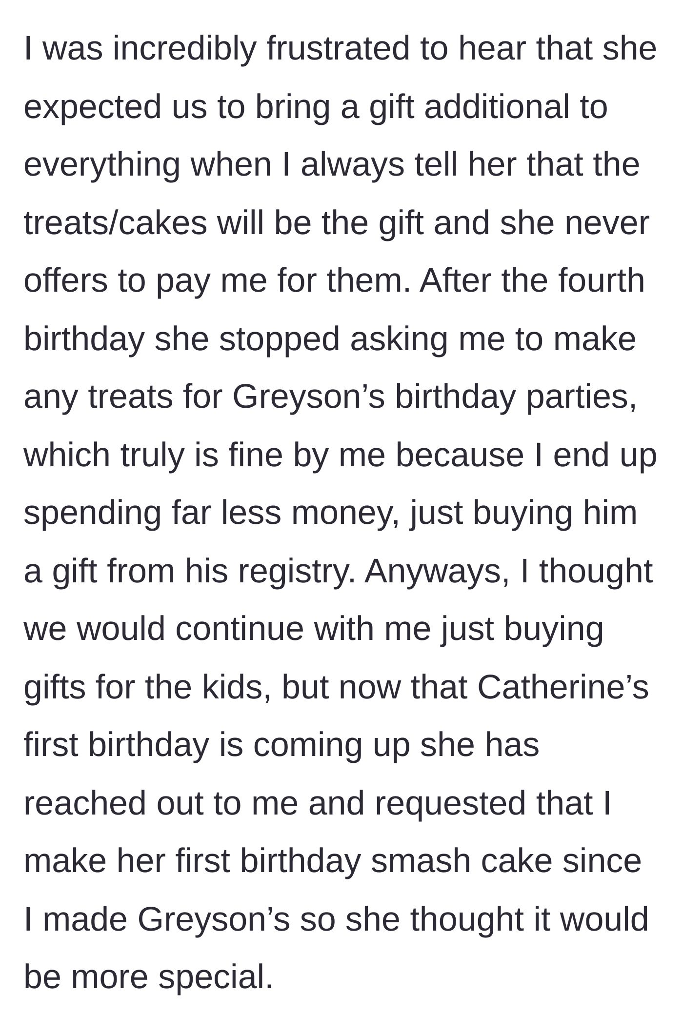 Story part 3 - Sister-in-law coming back to demand a first birthday smash cake after years of just expecting toys.