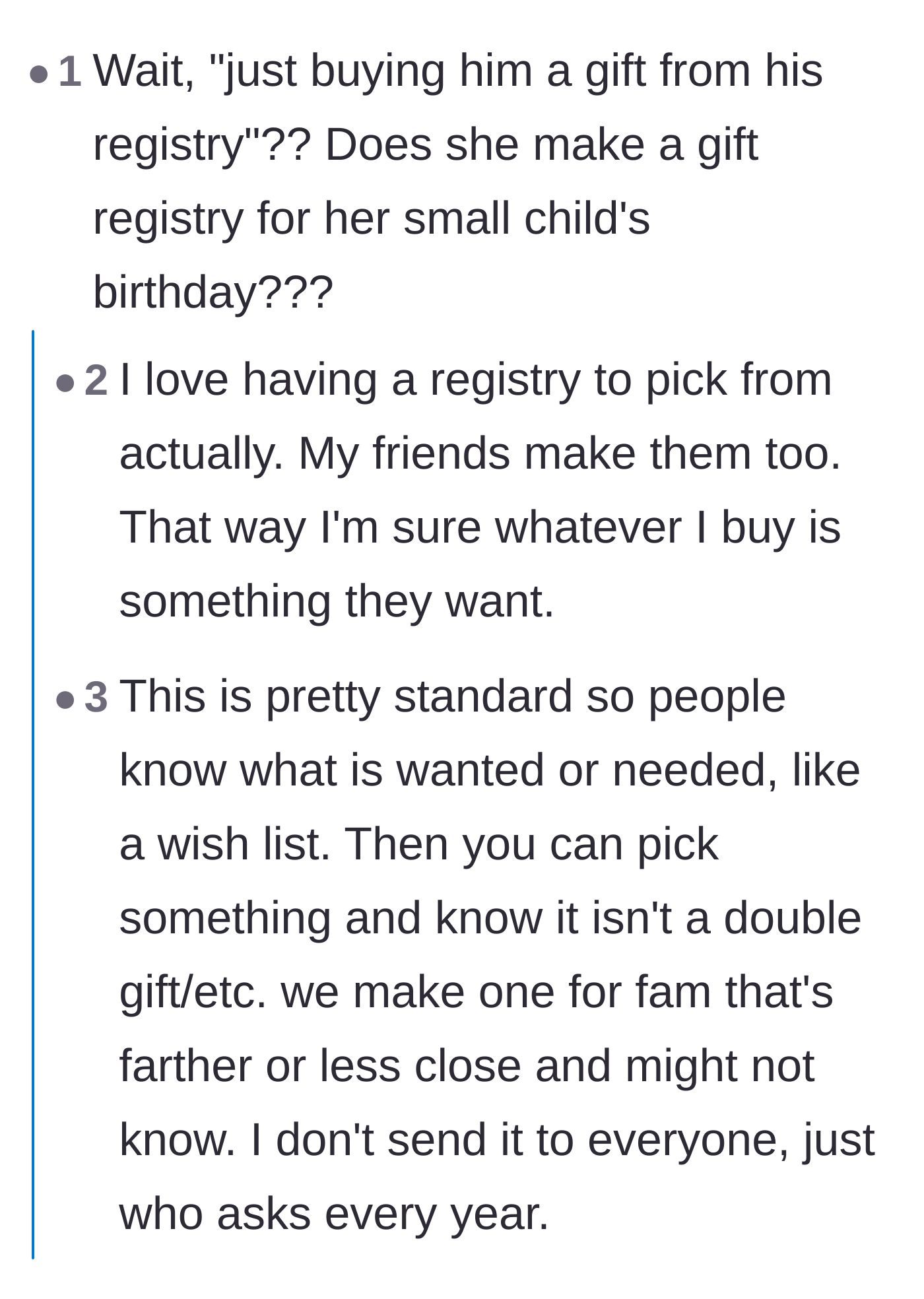 Comment thread 1 - Heated debate over whether making gift wishlists and registries for small kids is normal or greedy.