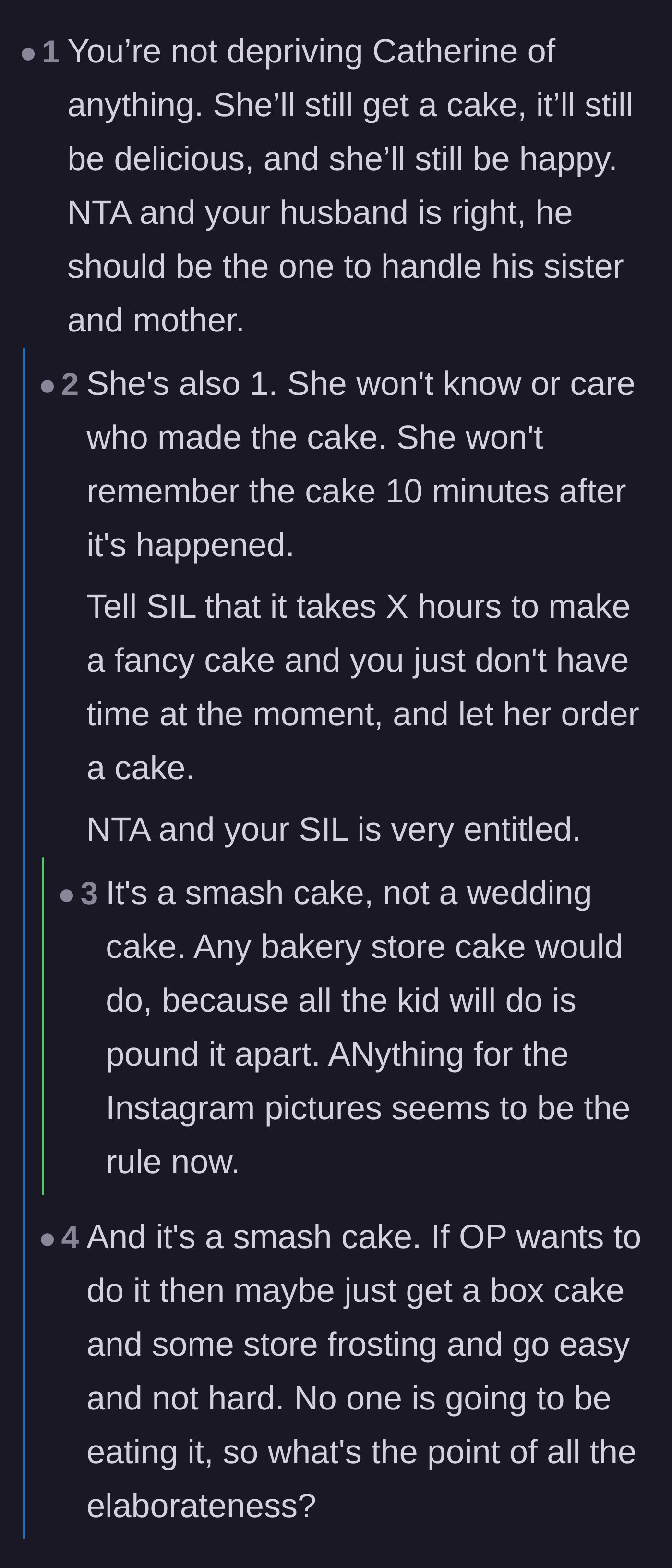 Comment thread 2 - Commenters reminding the poster that a one-year-old is just going to destroy the cake anyway.