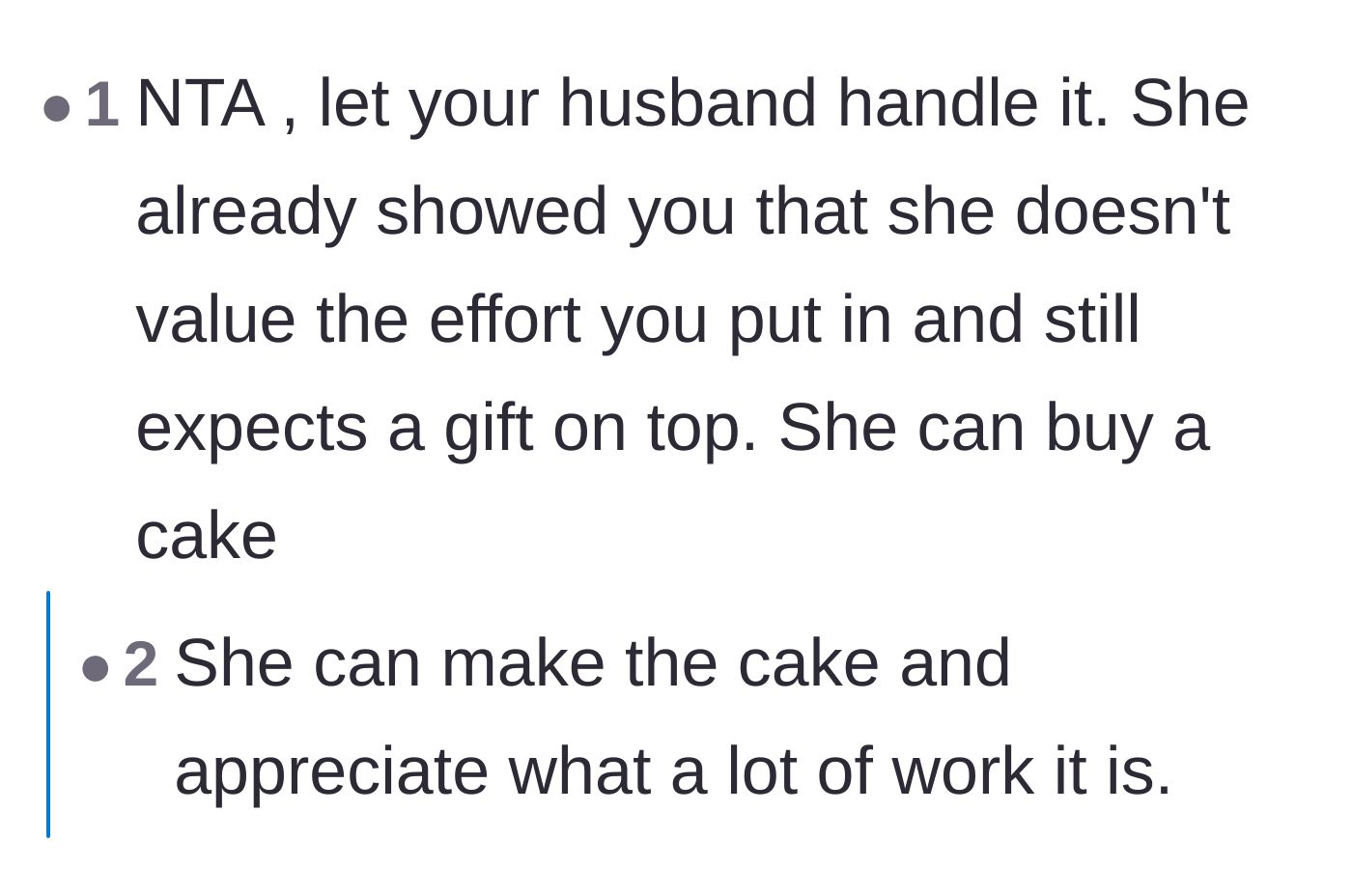 Comment thread 4 - Calling out the ungrateful sister-in-law and suggesting she buy or bake her own cake.