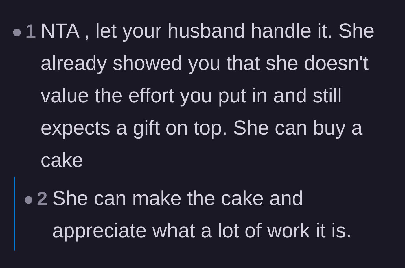 Comment thread 4 - Calling out the ungrateful sister-in-law and suggesting she buy or bake her own cake.