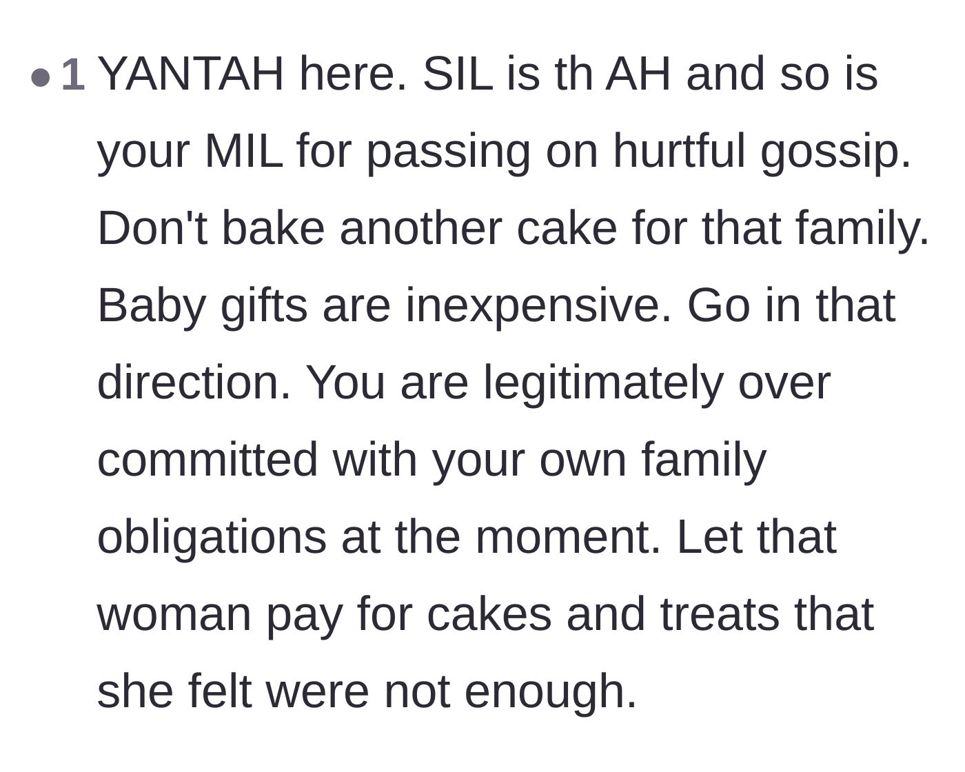 Comment thread 5 - Holding the mother-in-law accountable for spreading hurtful gossip instead of shutting it down.