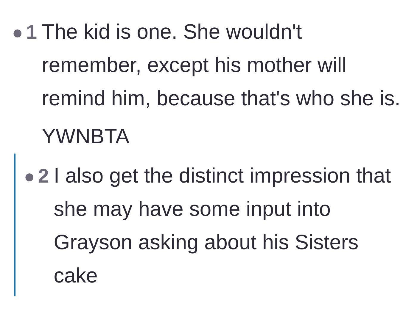 Comment thread 6 - Pointing out that the sister-in-law likely coached her young son to guilt-trip the aunt.