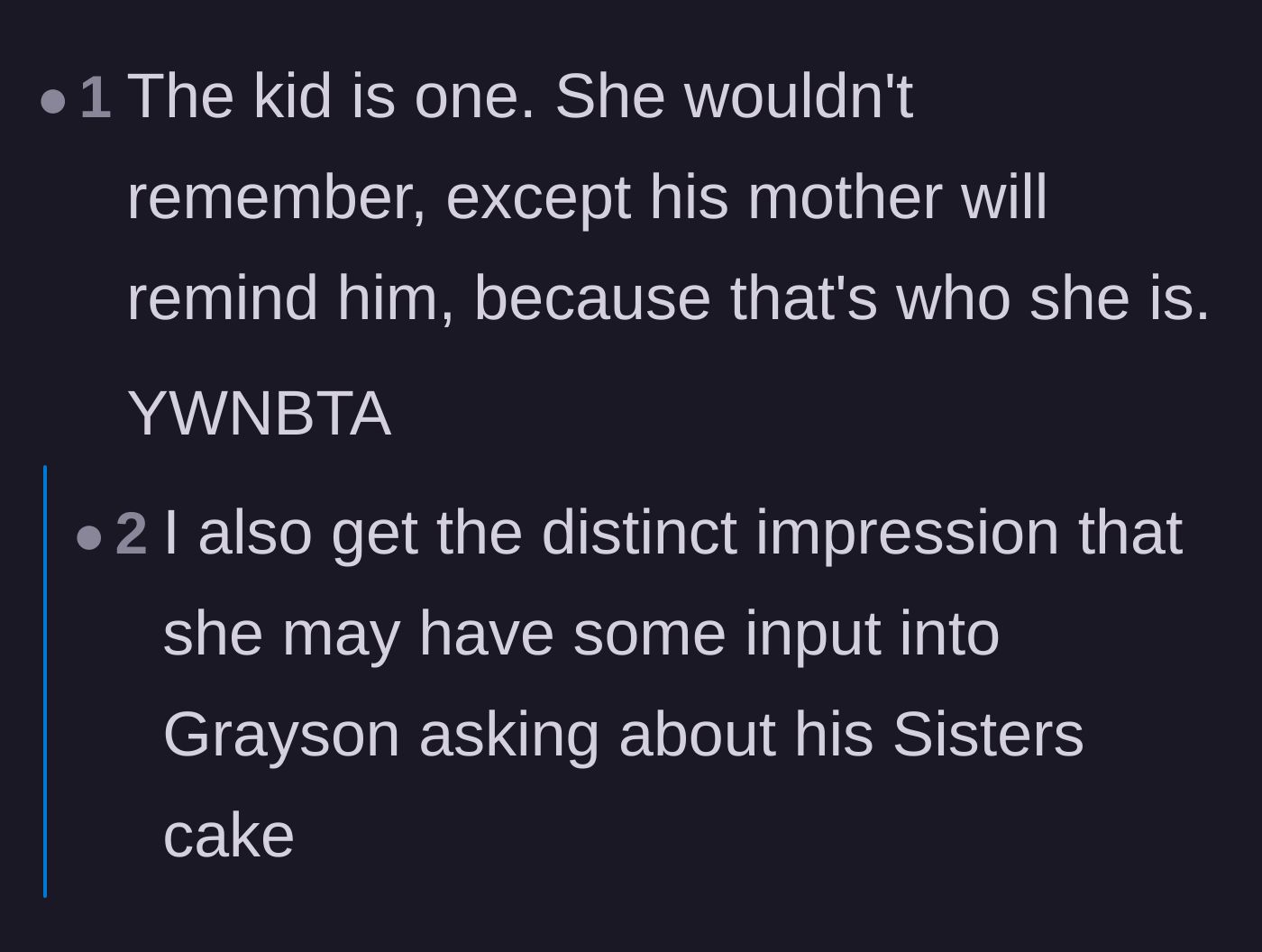Comment thread 6 - Pointing out that the sister-in-law likely coached her young son to guilt-trip the aunt.
